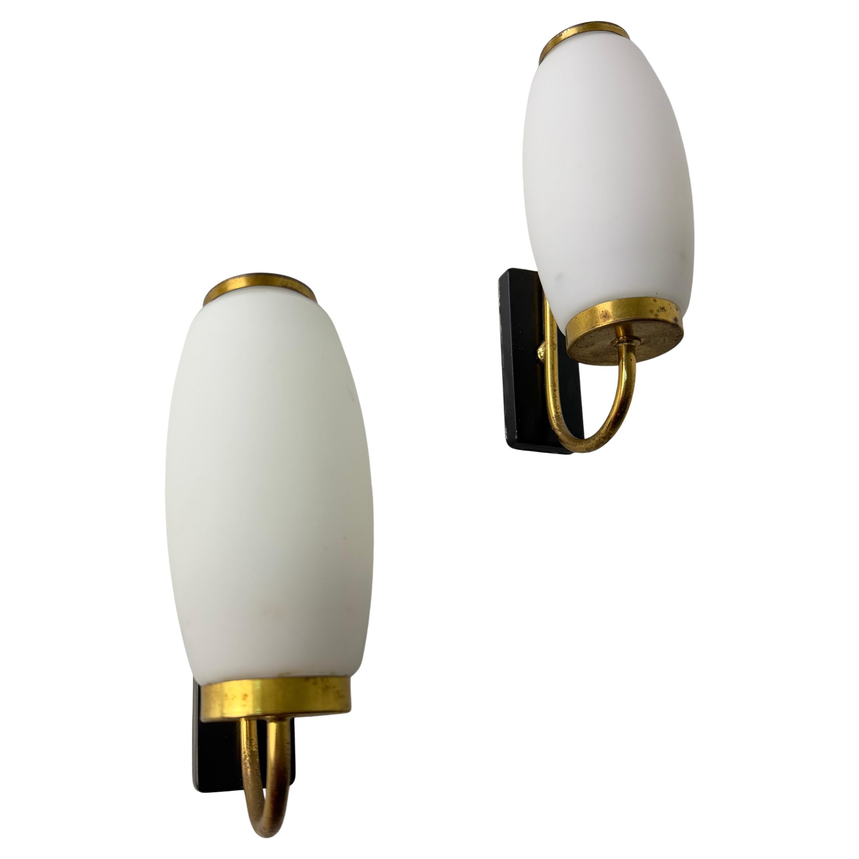 Set of Two Opaline Glass And Brass Wall Lamps Attributed to Stilnovo, 1950s