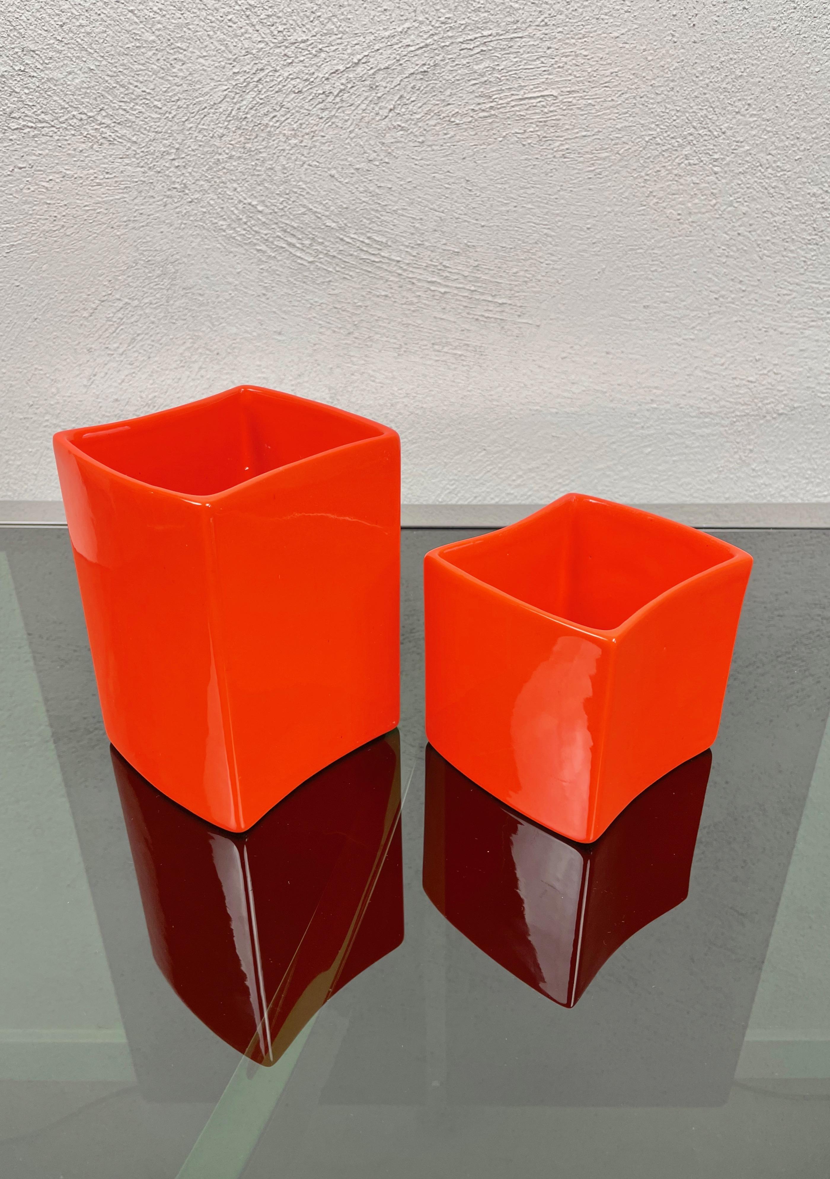 Mid-Century Modern Set of Two Orange Ceramics Vase Franco Bettonica for Gabbianelli, Italy, 1970s For Sale