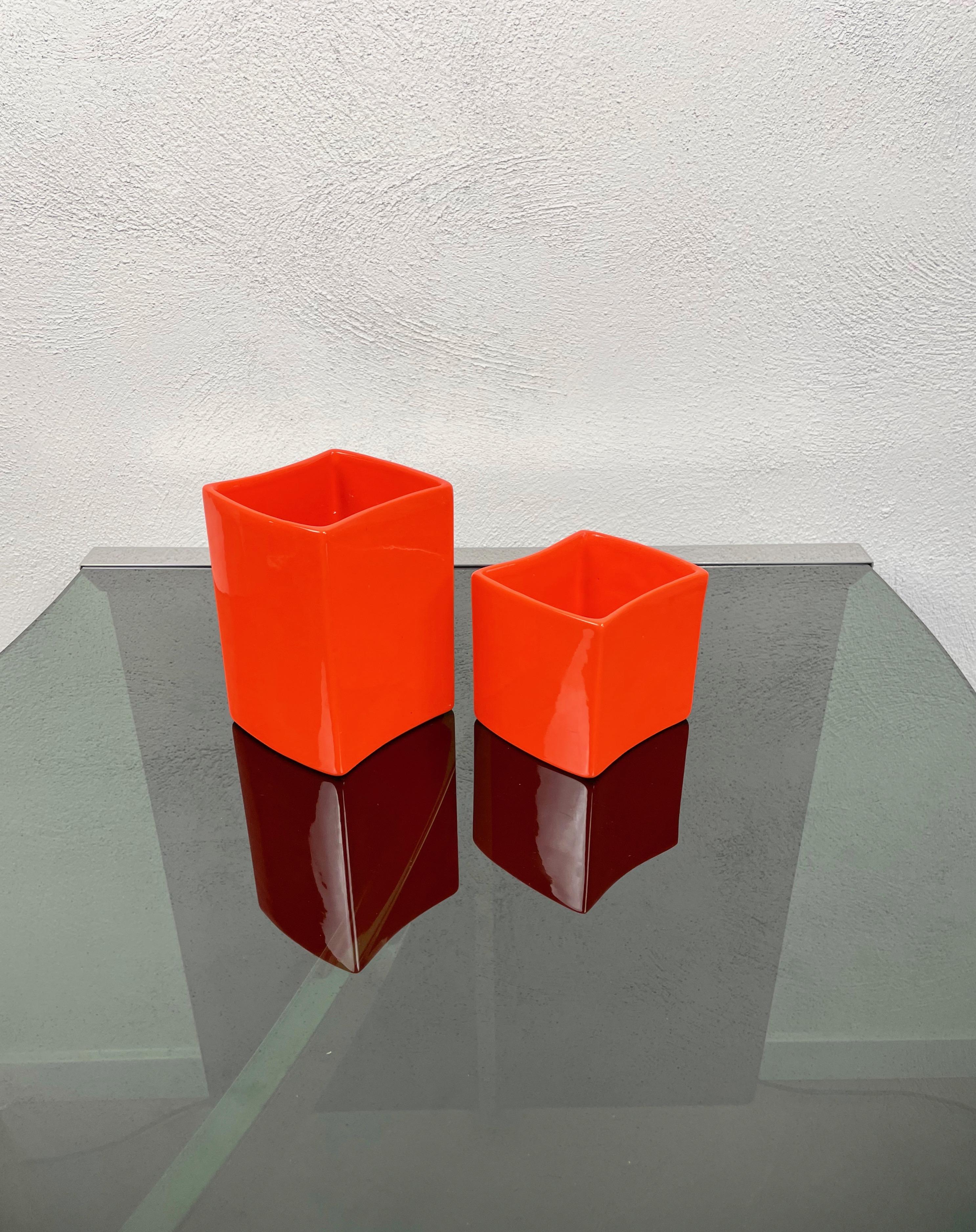 Set of Two Orange Ceramics Vase Franco Bettonica for Gabbianelli, Italy, 1970s In Good Condition For Sale In Rome, IT