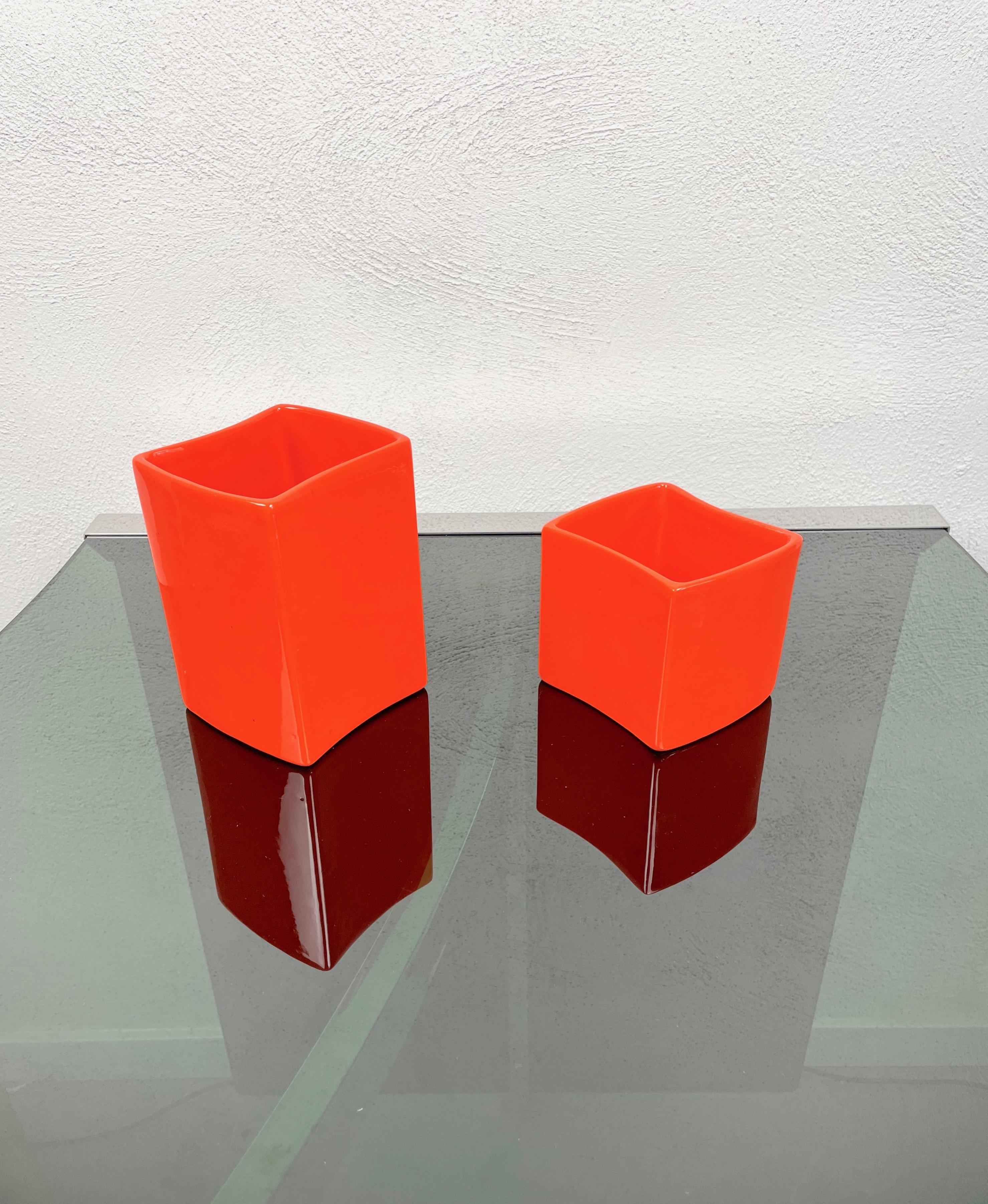 Set of Two Orange Ceramics Vase Franco Bettonica for Gabbianelli, Italy, 1970s For Sale 1
