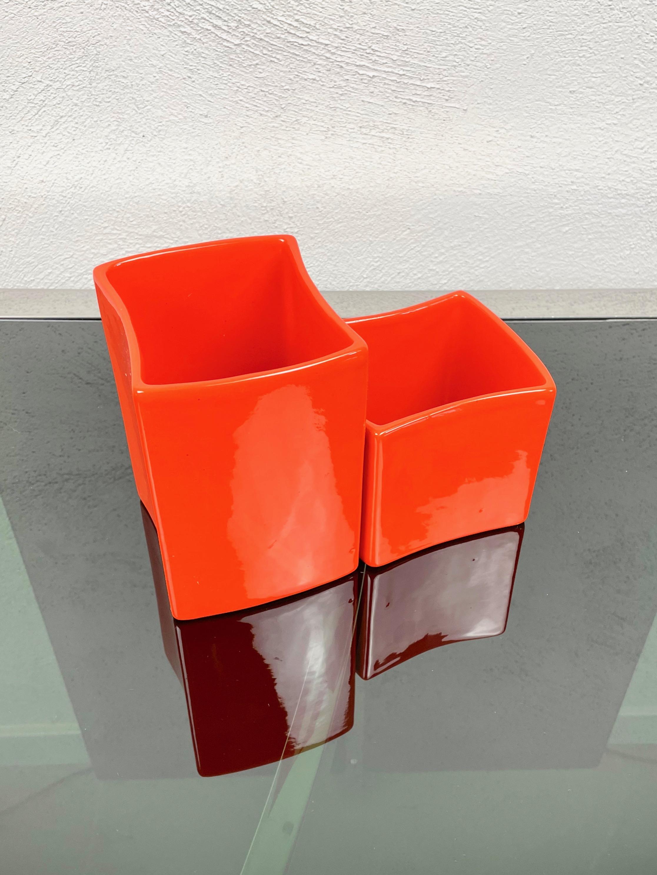 Ensemble de deux vases en céramique orange Franco Bettonica pour Gabbianelli, Italie, 1970 en vente 1