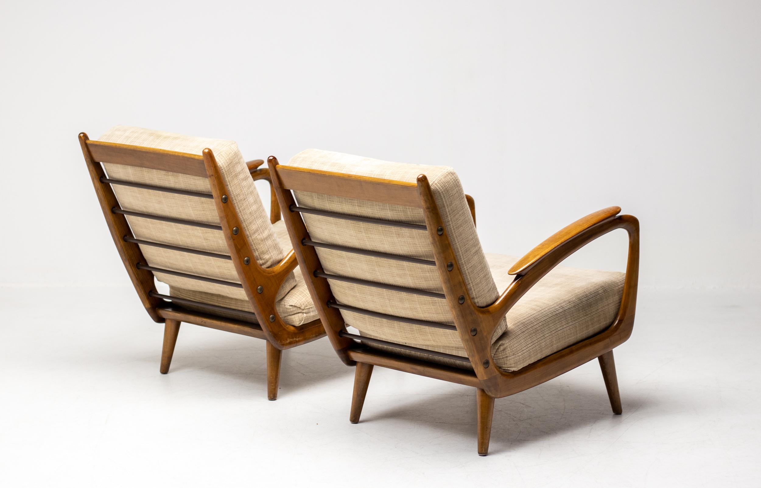 Mid-20th Century Set of Two Organic Italian Walnut Lounge Chairs