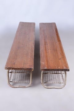 Set of Two Original Mid Century Benches, Lacquered Steel, Spruce, Czech, 1950s