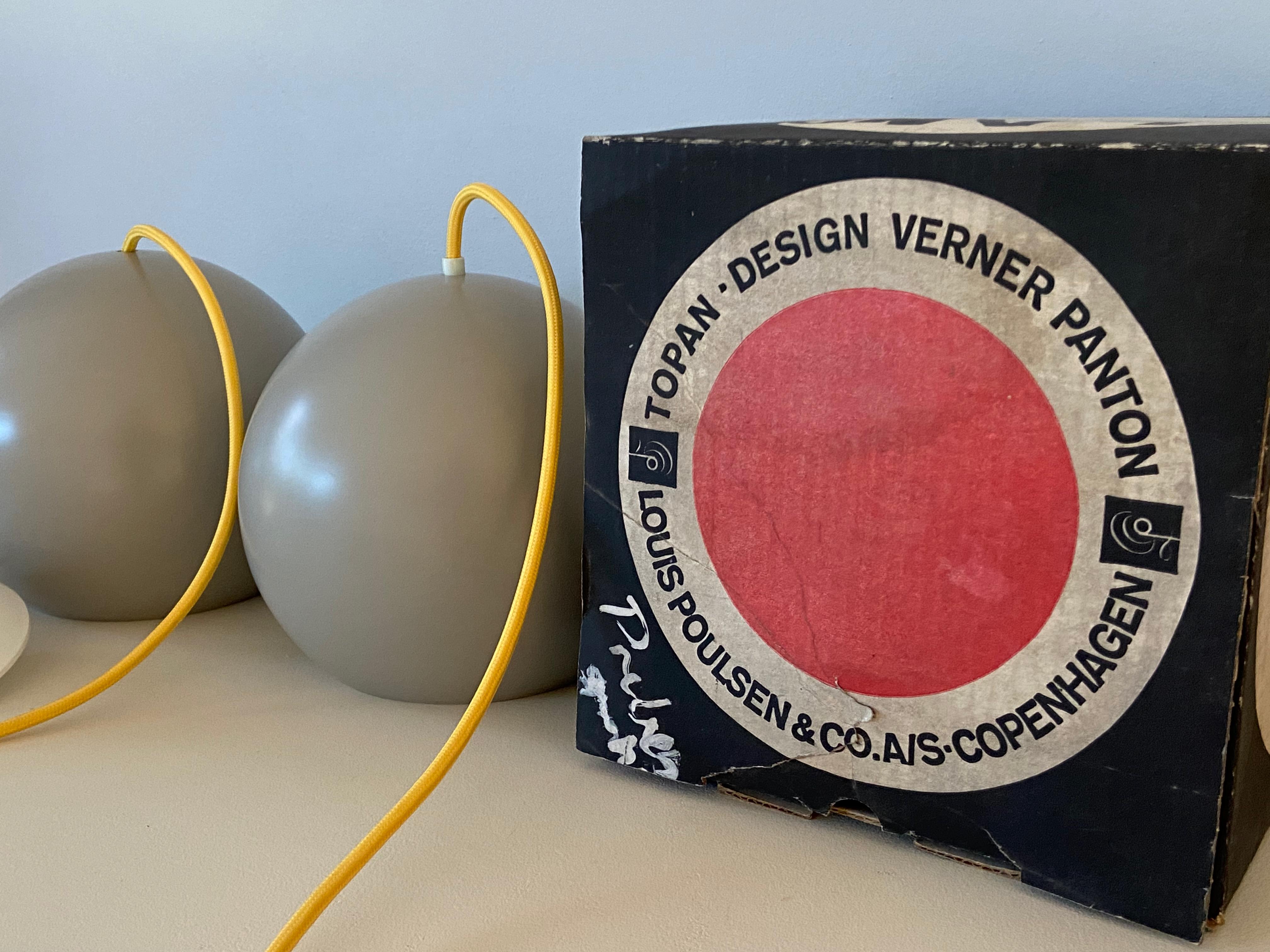Nice Set of two grey Topan pendant lamps design Verner Panton and produced by Louis Poulsen, Made in Denmark. The lamp are in very good condition. No parts missing, with new fabric electric cord. No dents, original paint, very very good condition !