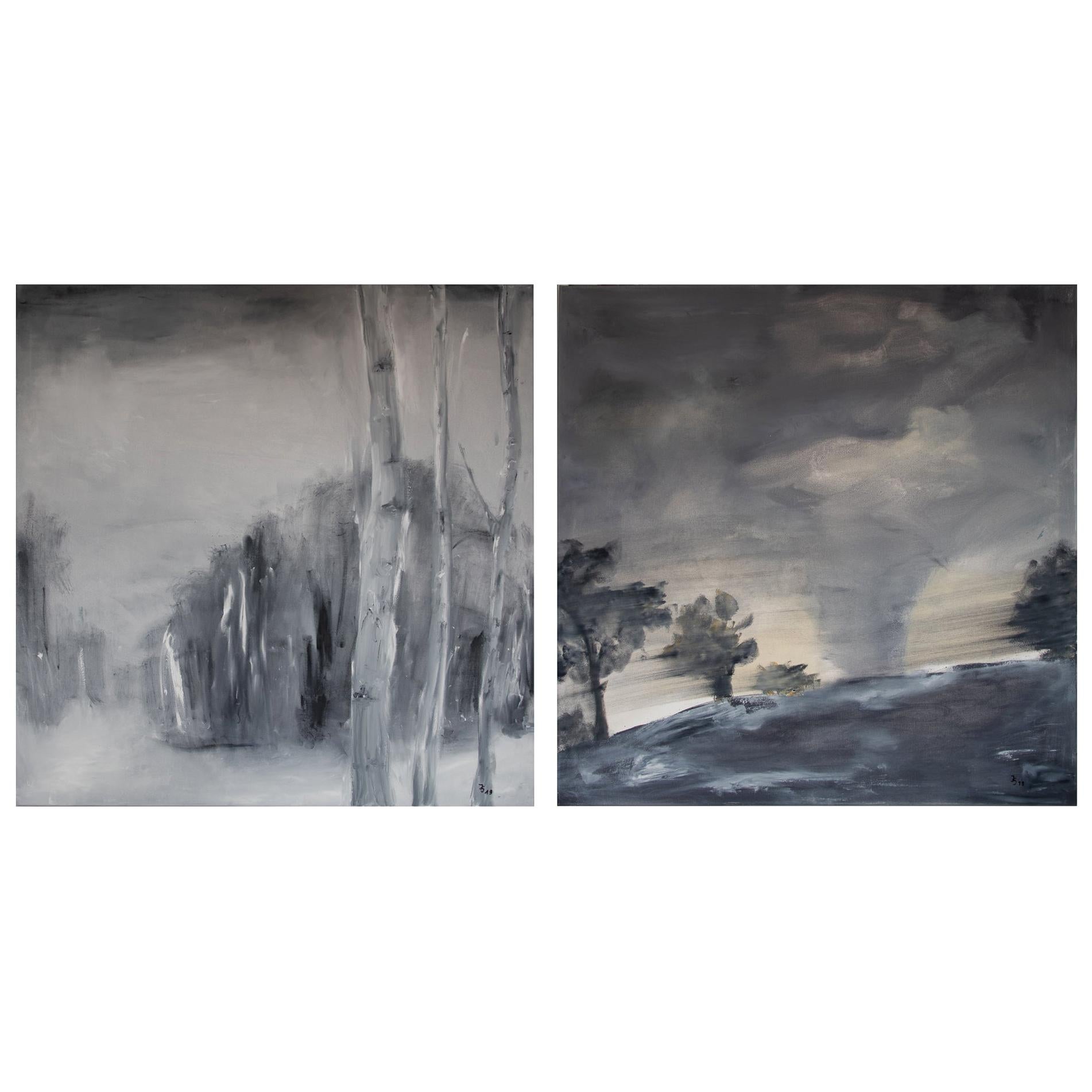 Set of Two Paintings by Ingrid Stolzenberg 'Landscape' German Post Expressionism