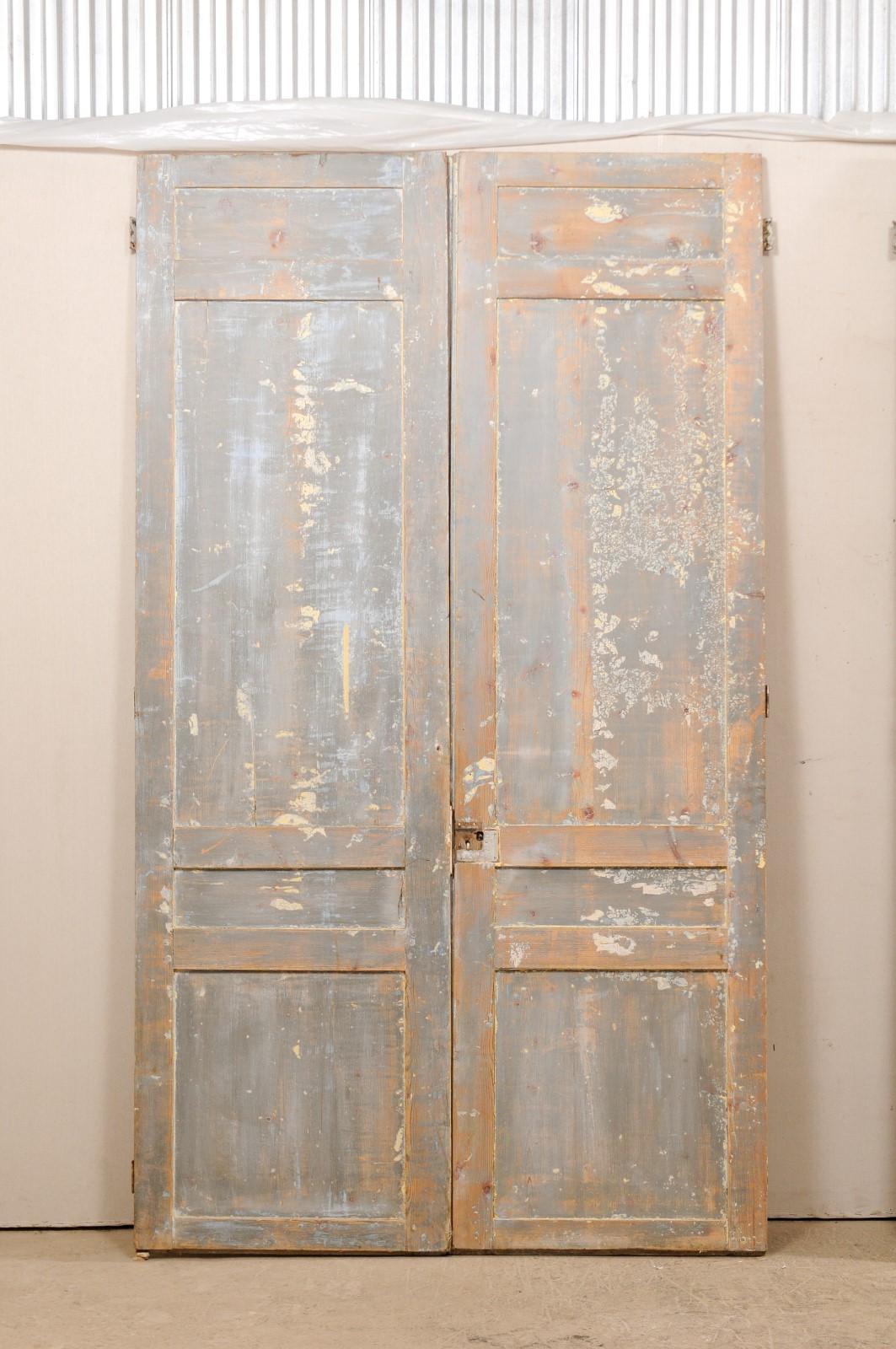 Set of Two Pairs of 19th Century Painted Wood French Paneled Doors, 8.75 Ft Tall 4