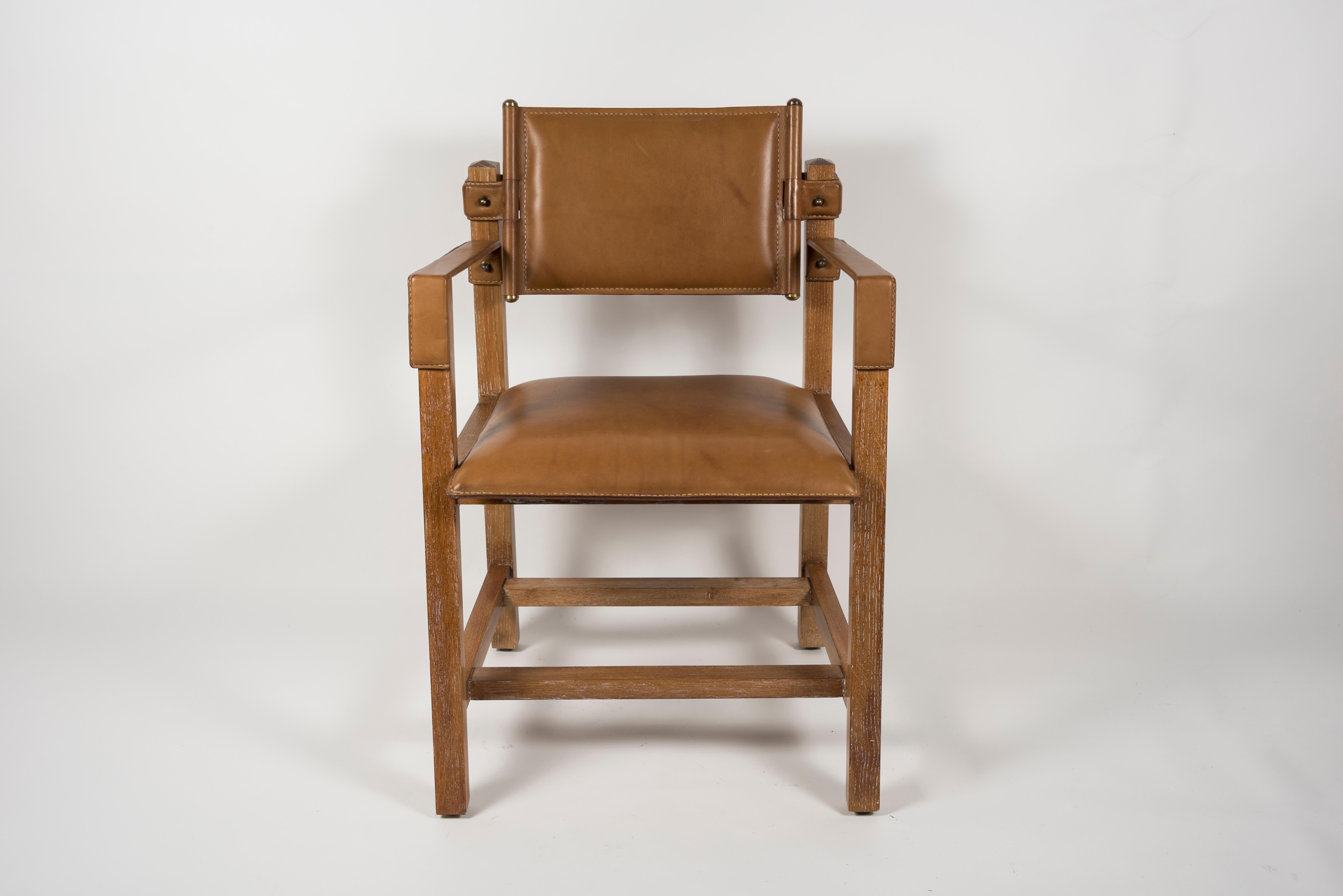 Set of Two Pairs of Stitched Leather Armchairs by Jacques Adnet 2