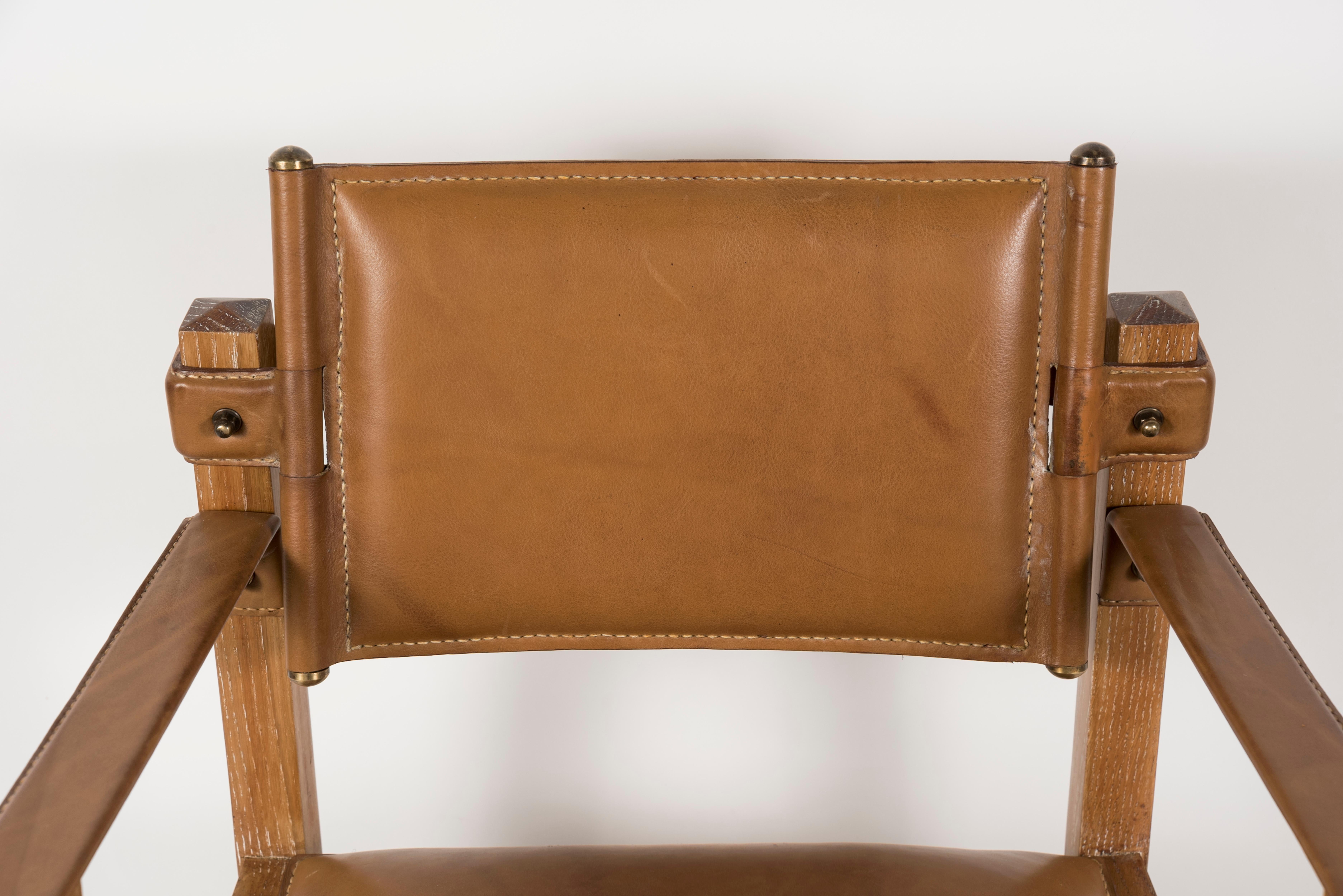 Set of Two Pairs of Stitched Leather Armchairs by Jacques Adnet For Sale 3