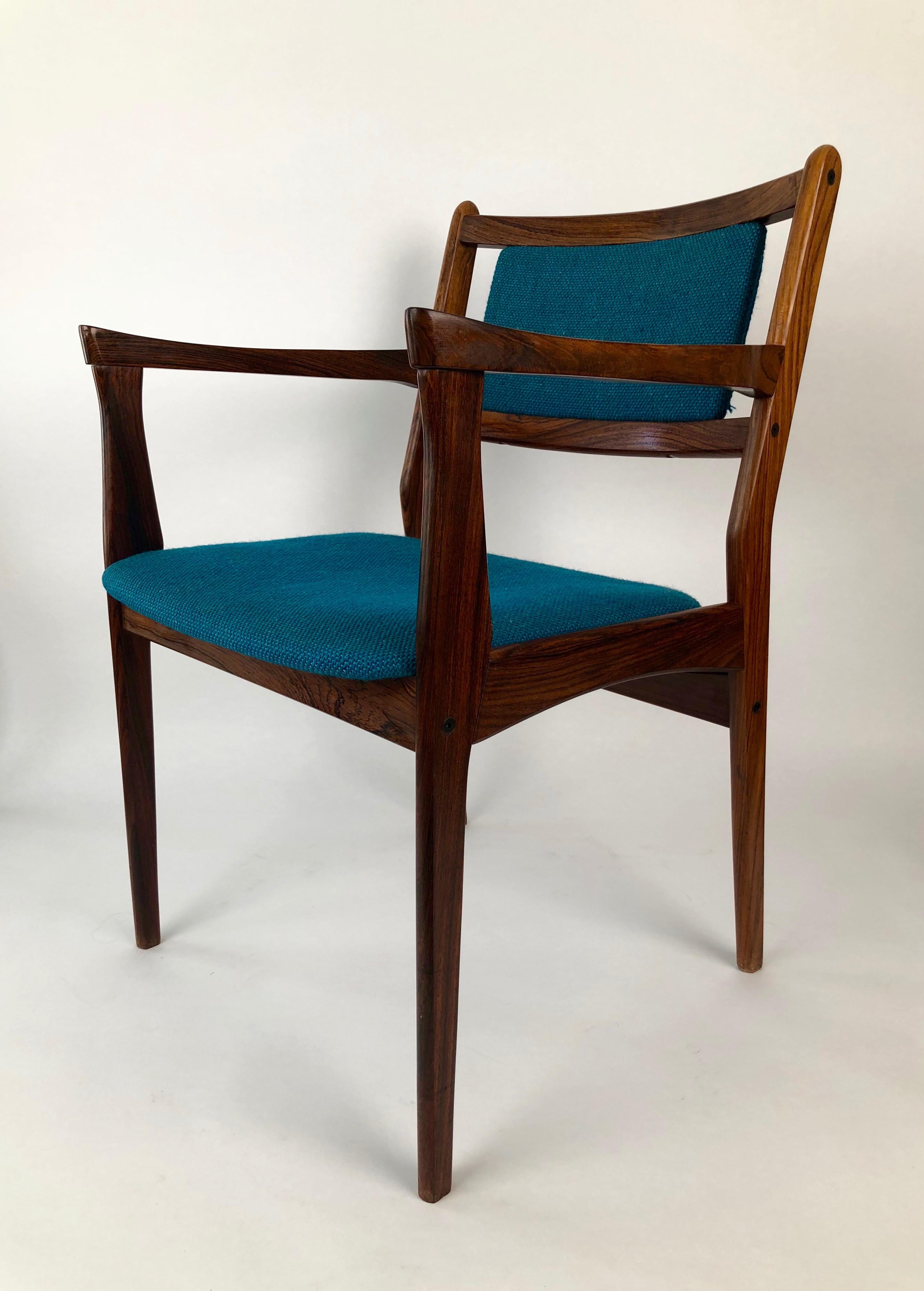 Scandinavian Modern Set of Two Palisander Chairs with Turquoise Fabric from the 1960s For Sale