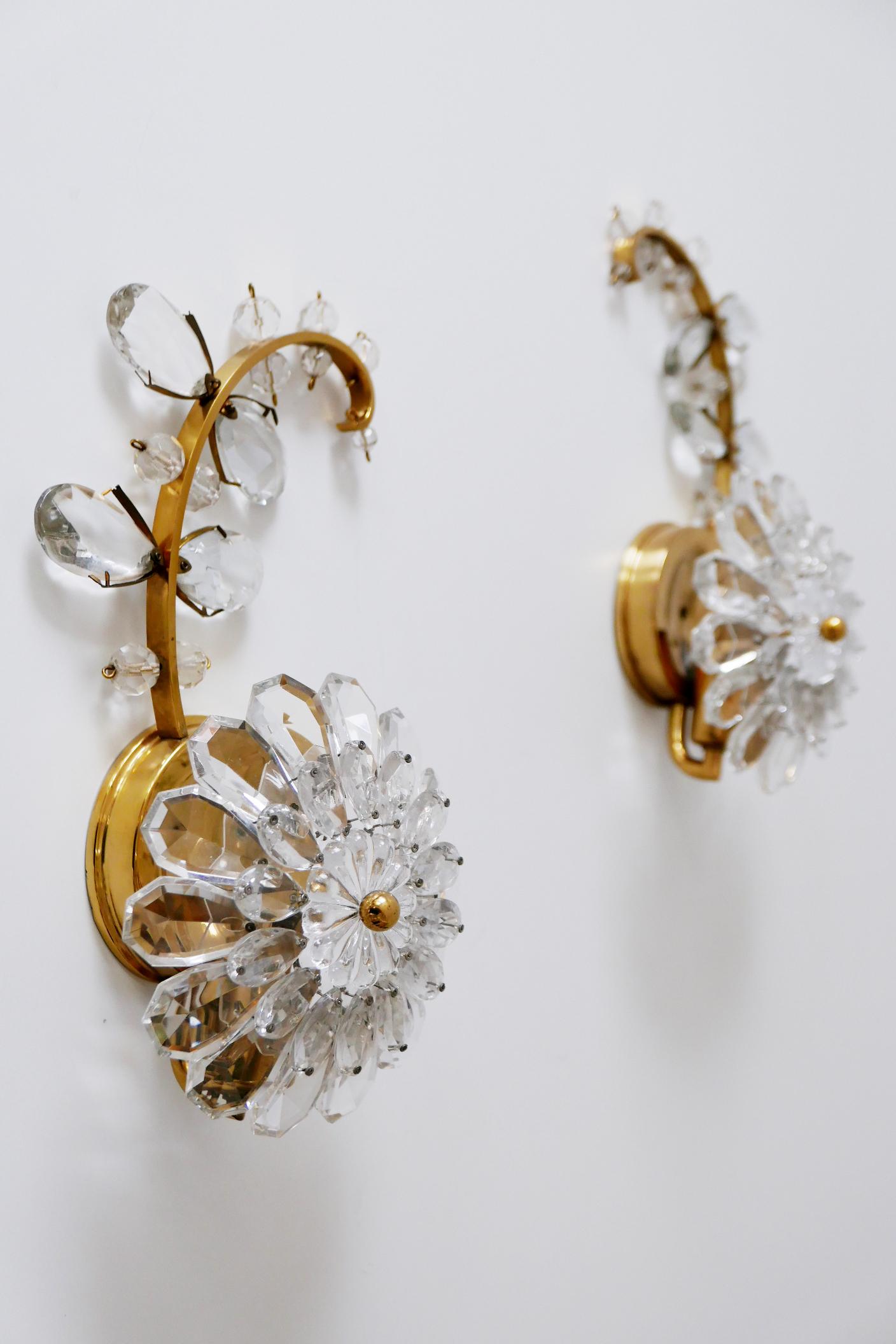 Set of Two Palwa Crystal & Gilt Brass Flower Sconces or Wall Lamps 1960s Germany 5