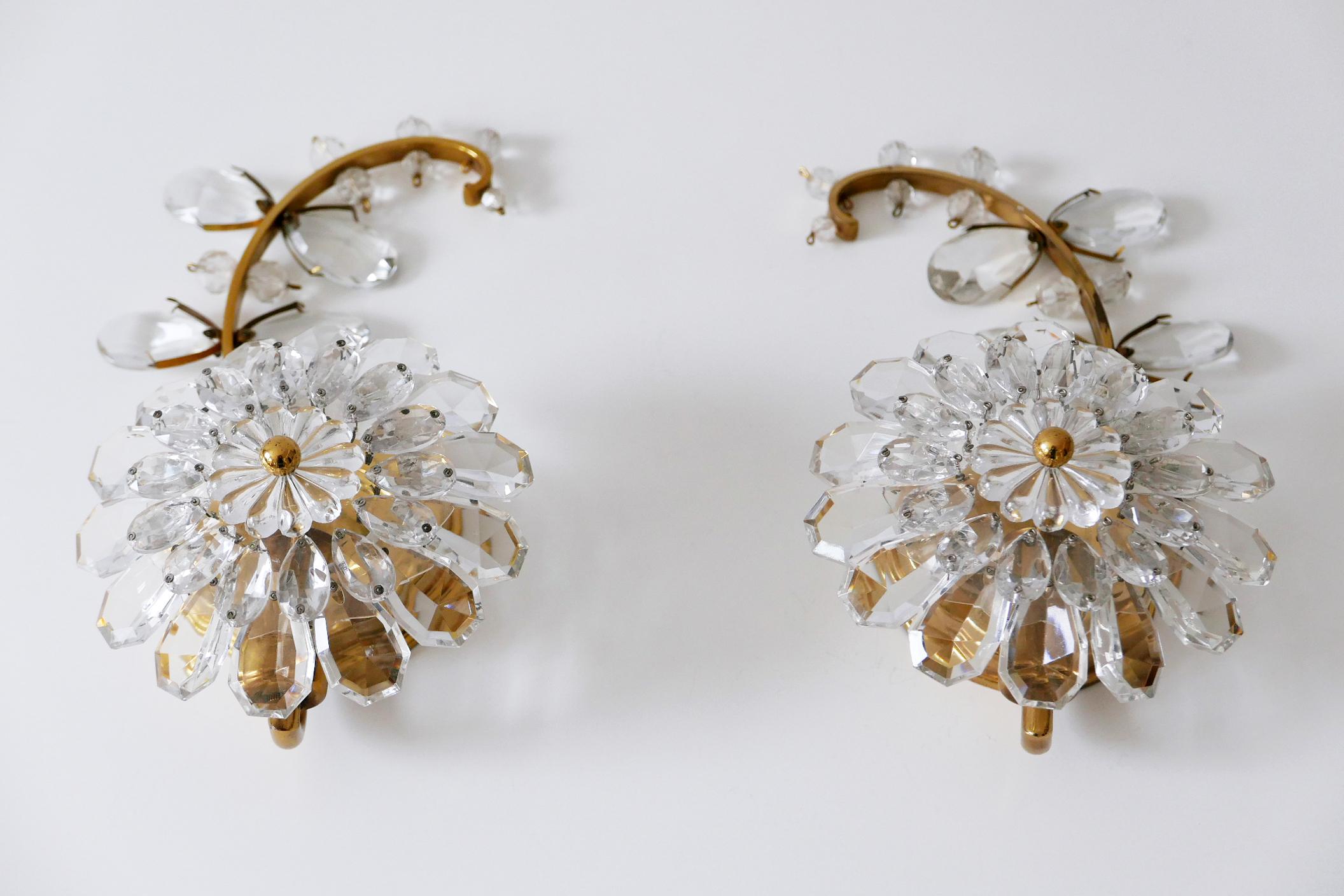 Set of Two Palwa Crystal & Gilt Brass Flower Sconces or Wall Lamps 1960s Germany 9