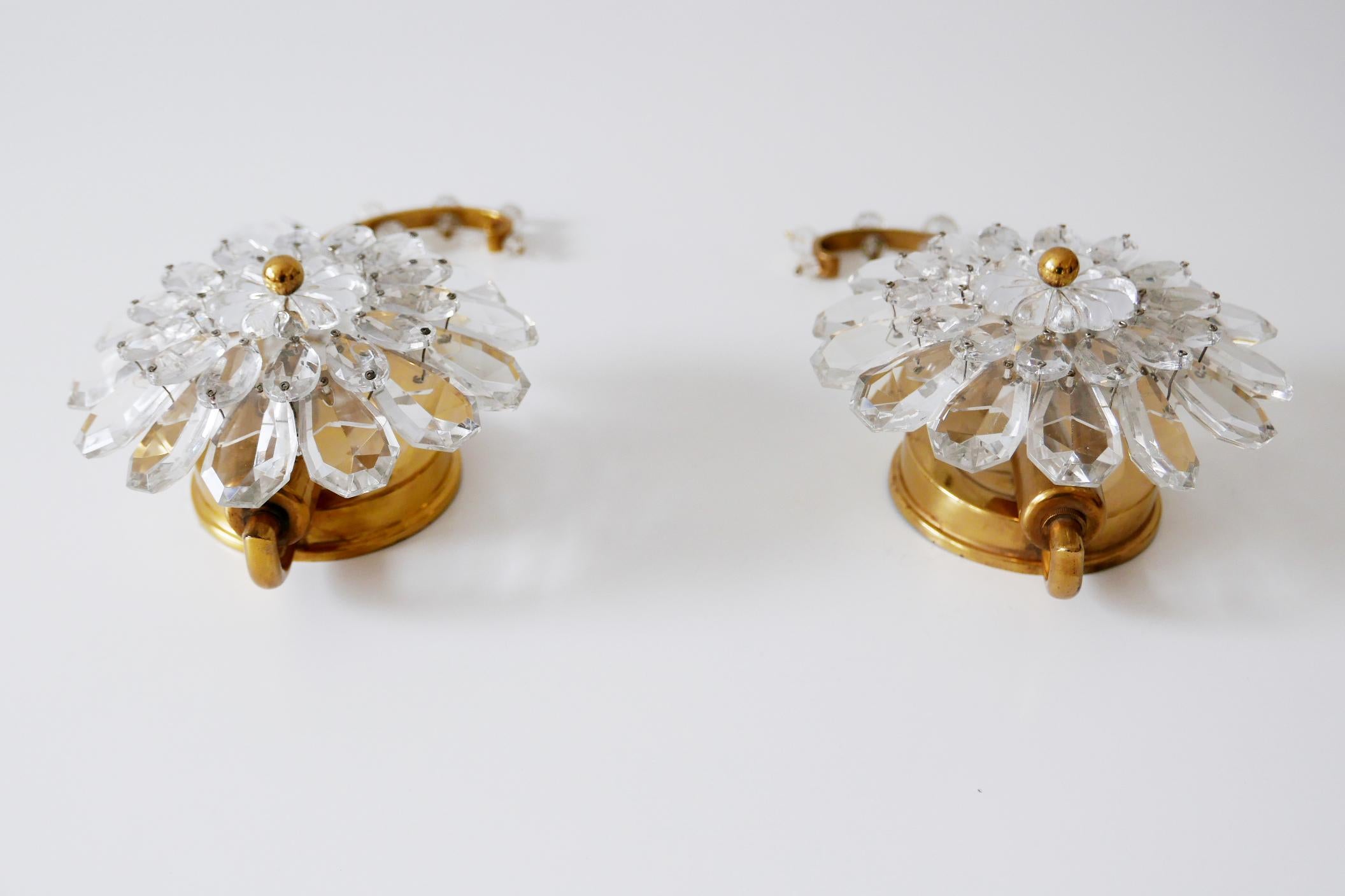Set of Two Palwa Crystal & Gilt Brass Flower Sconces or Wall Lamps 1960s Germany 10