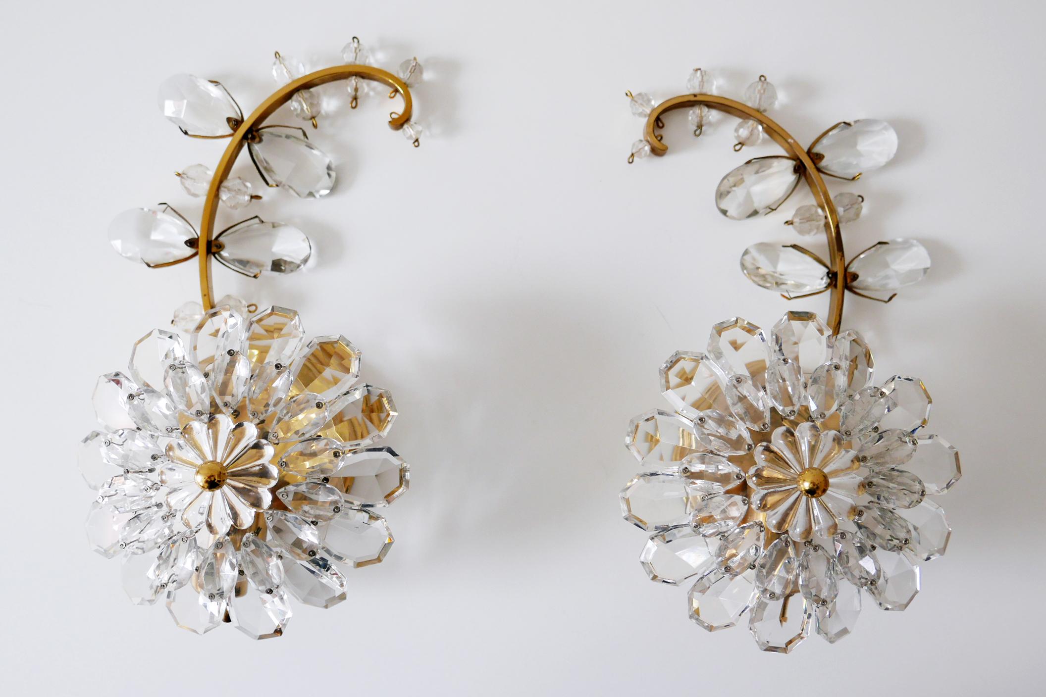 Set of Two Palwa Crystal & Gilt Brass Flower Sconces or Wall Lamps 1960s Germany 1