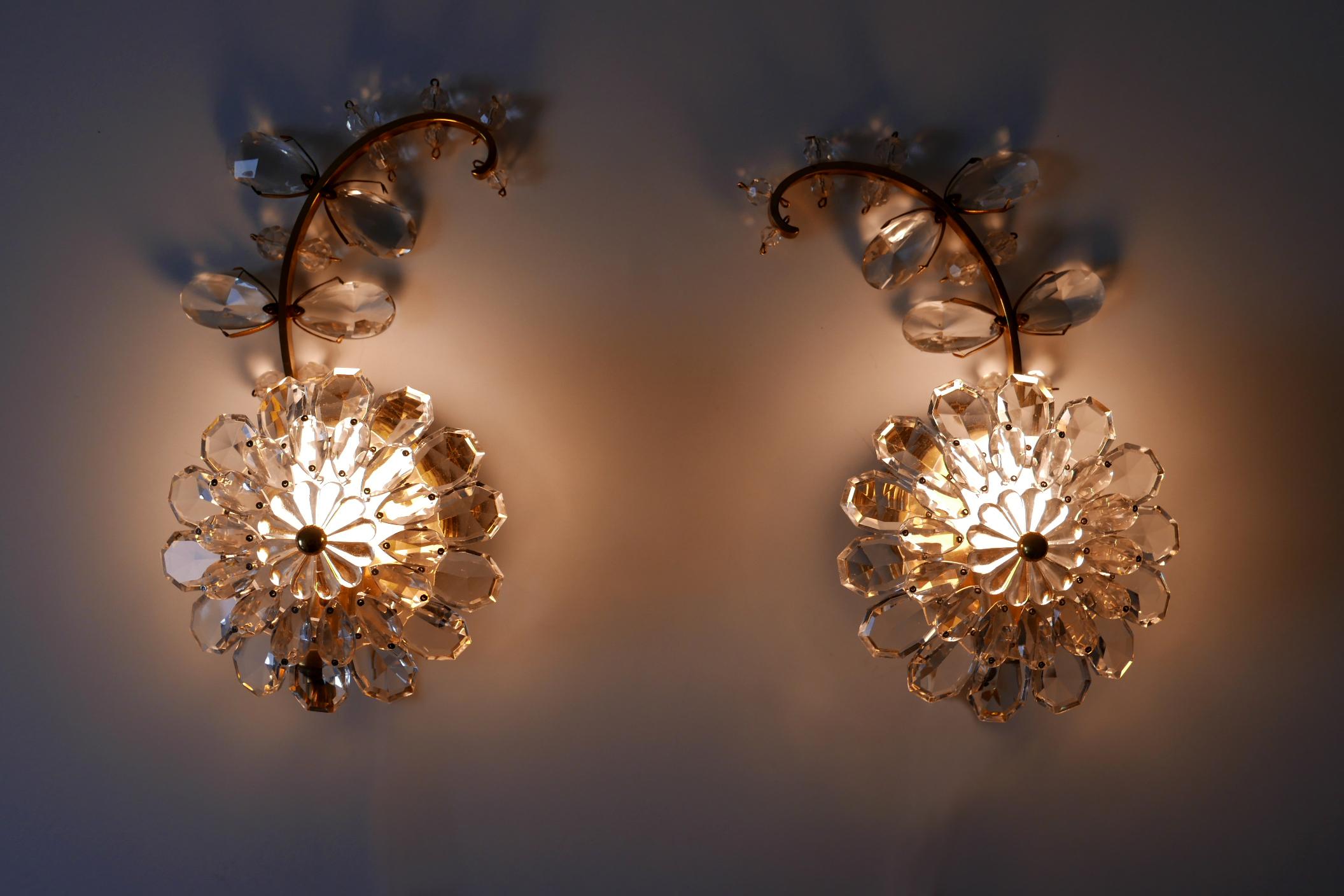 Set of Two Palwa Crystal & Gilt Brass Flower Sconces or Wall Lamps 1960s Germany 2