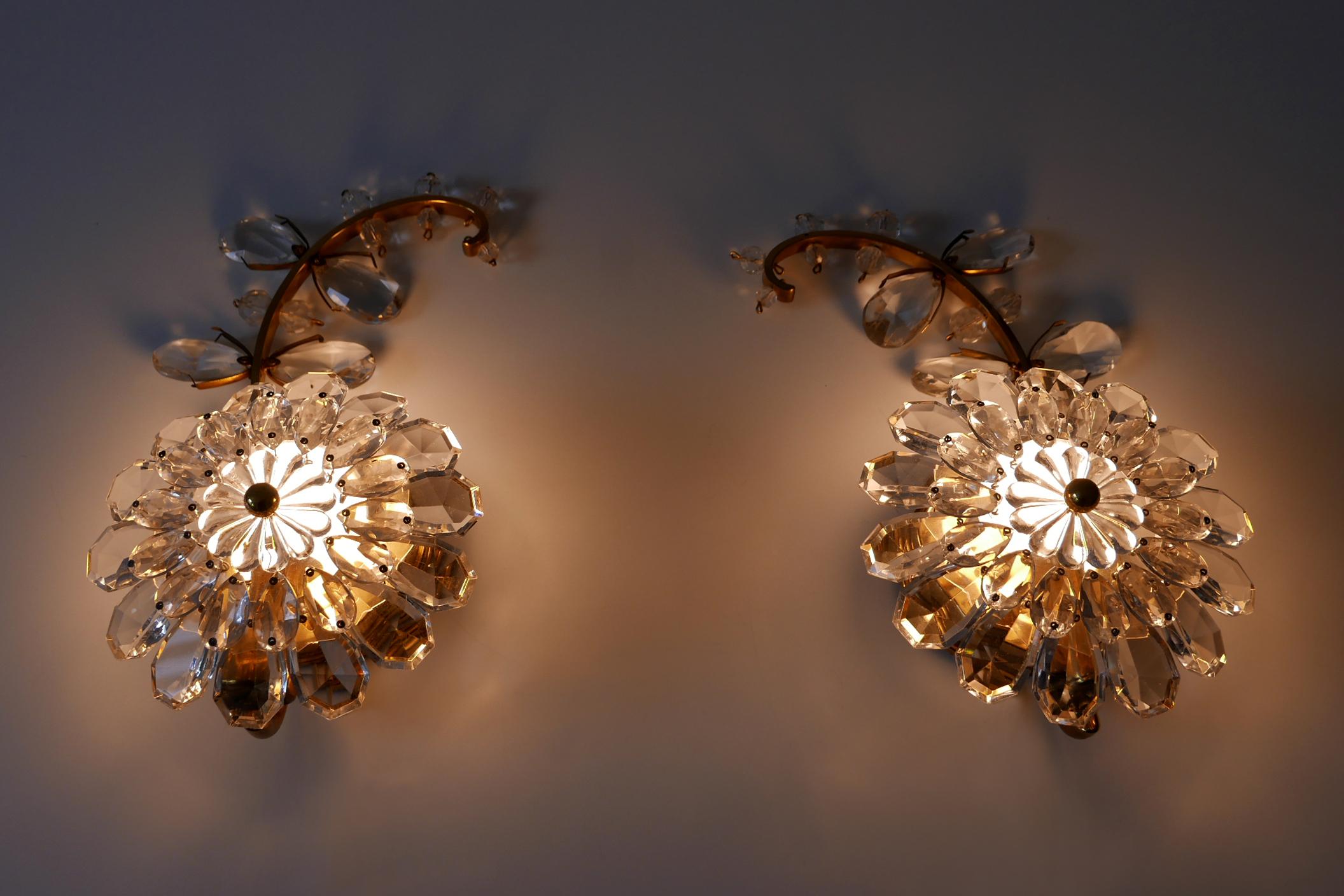 Set of Two Palwa Crystal & Gilt Brass Flower Sconces or Wall Lamps 1960s Germany 4