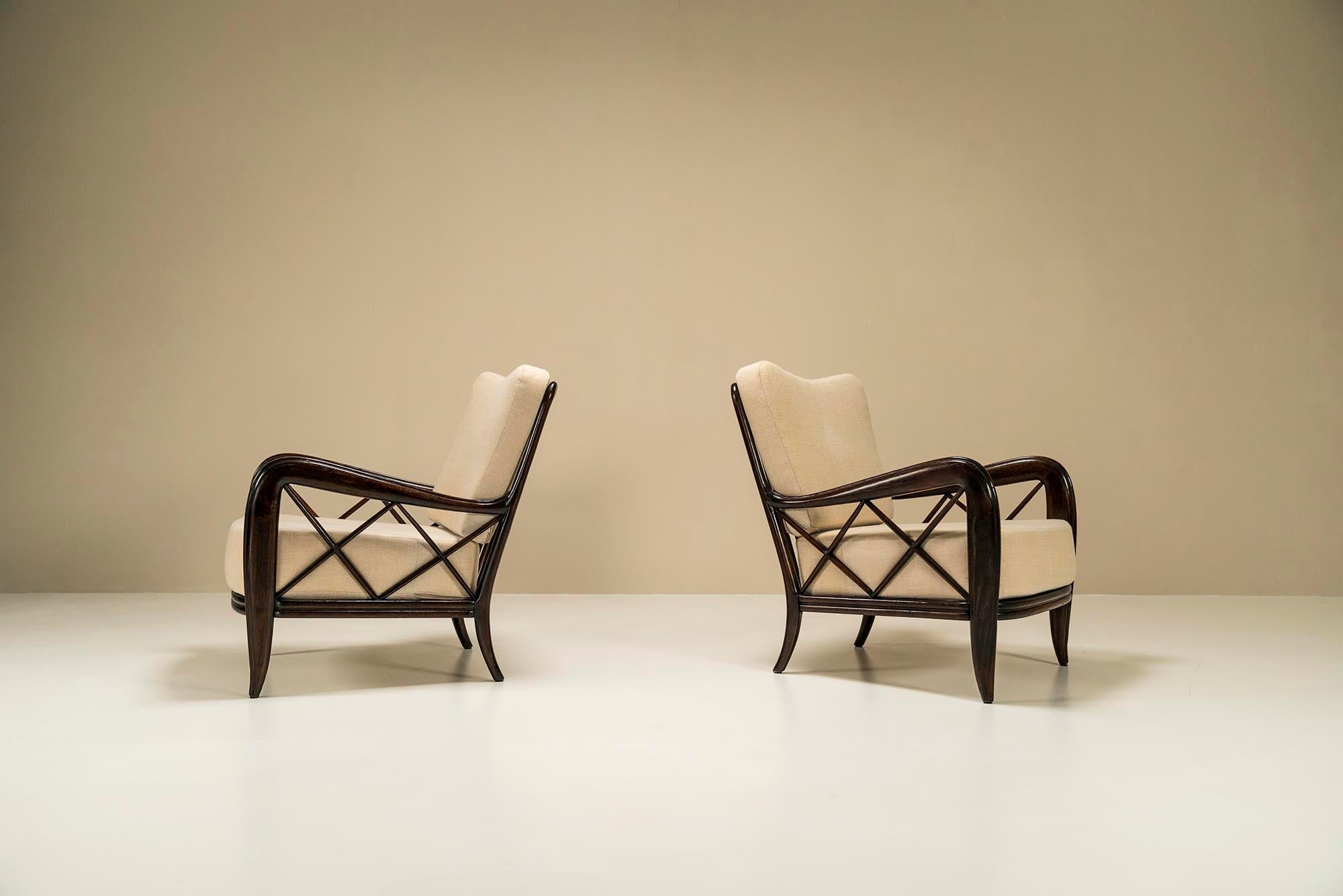 Mid-Century Modern Set Of Two Paolo Buffa Lounge Chairs In Ebonized Wood, Italy 1940s