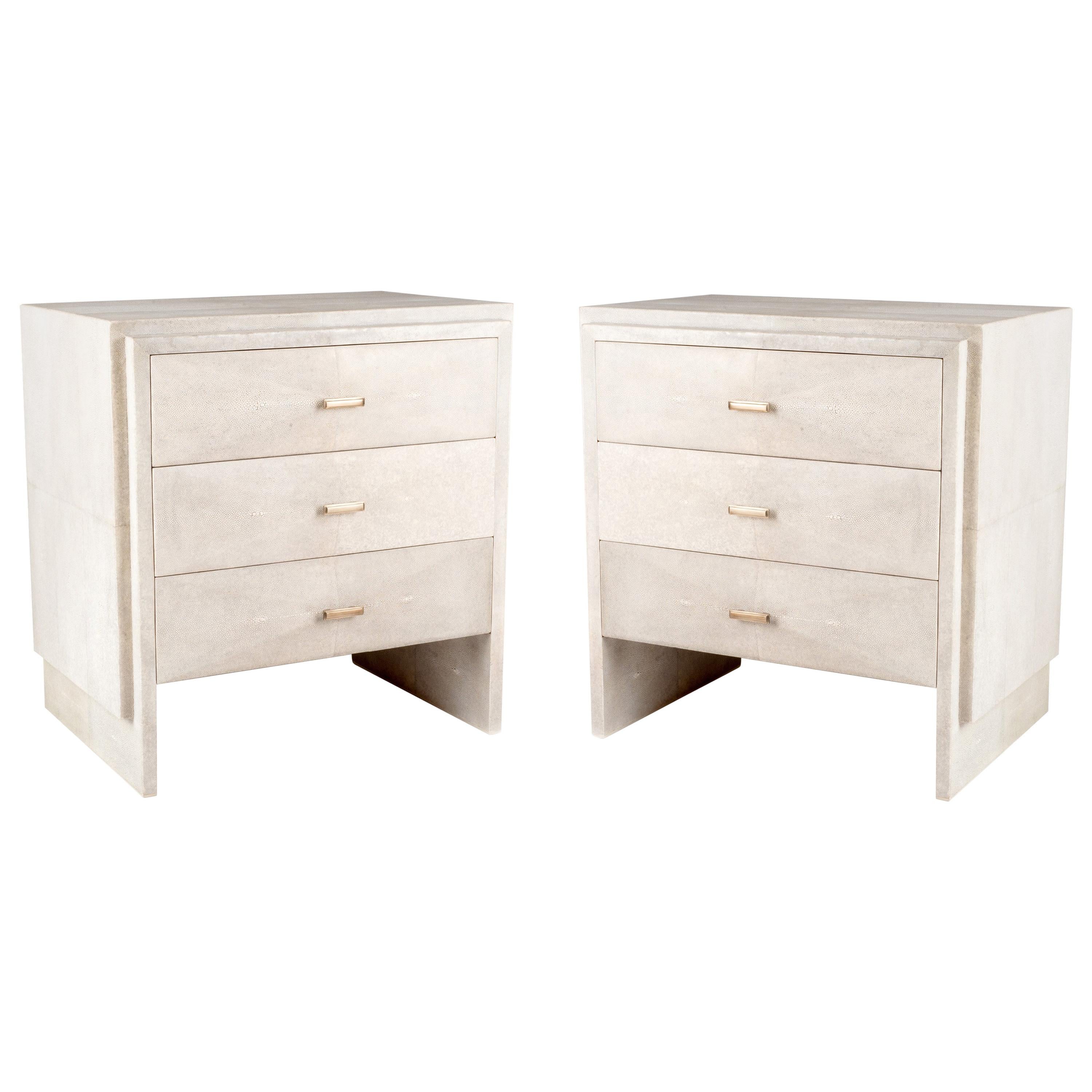 Art Deco Set of Two Parchment Nightstands with Beveled Drawers by R&Y Augousti