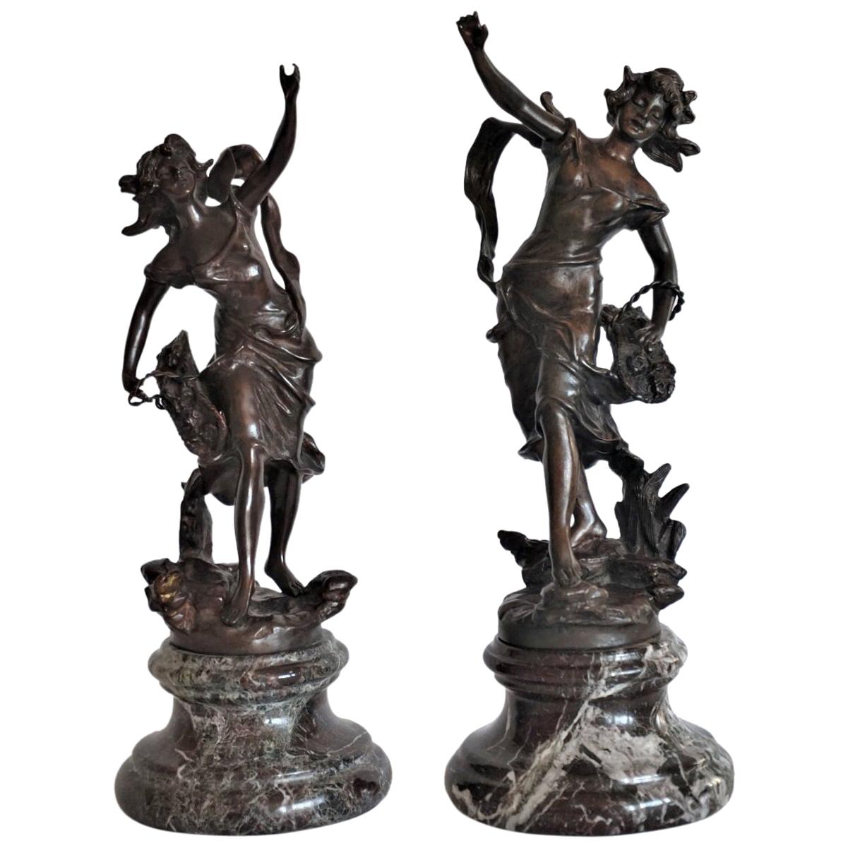 Set of Two Patinated Bronze Female Figures on Marble Basis, Signed Geo Maxim