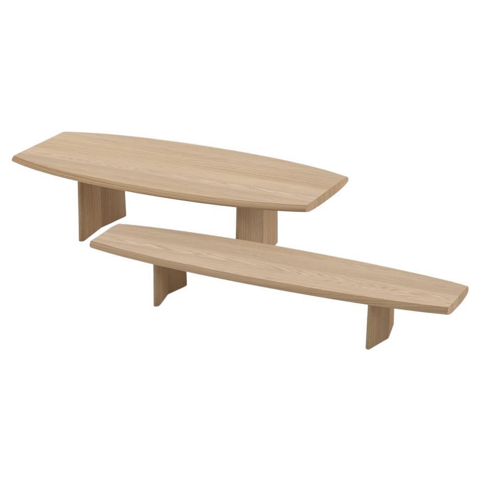 Set of Two Peana Coffee Tables, Bench in Natural Oak Wood Finish, Joel Escalona For Sale