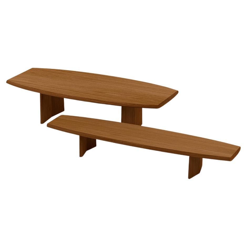 Set of Two Peana Coffee Tables, Bench in Red Tinted Wood Finish by Joel Escalona For Sale