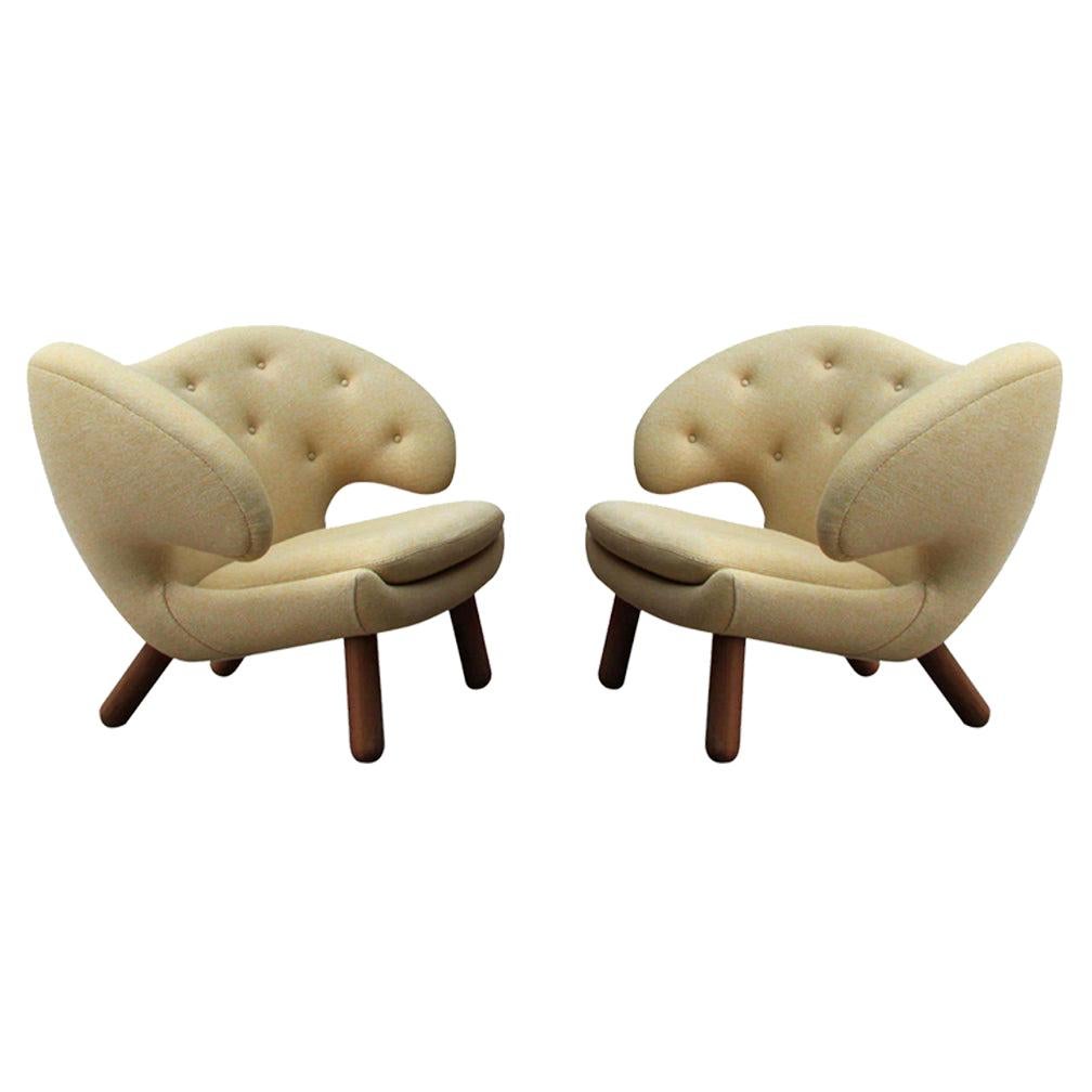 Set of Two Pelican Chairs in Fabric and Wood by Finn Juhl