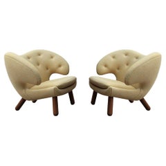 Set of Two Pelican Chairs in Fabric and Wood by Finn Juhl