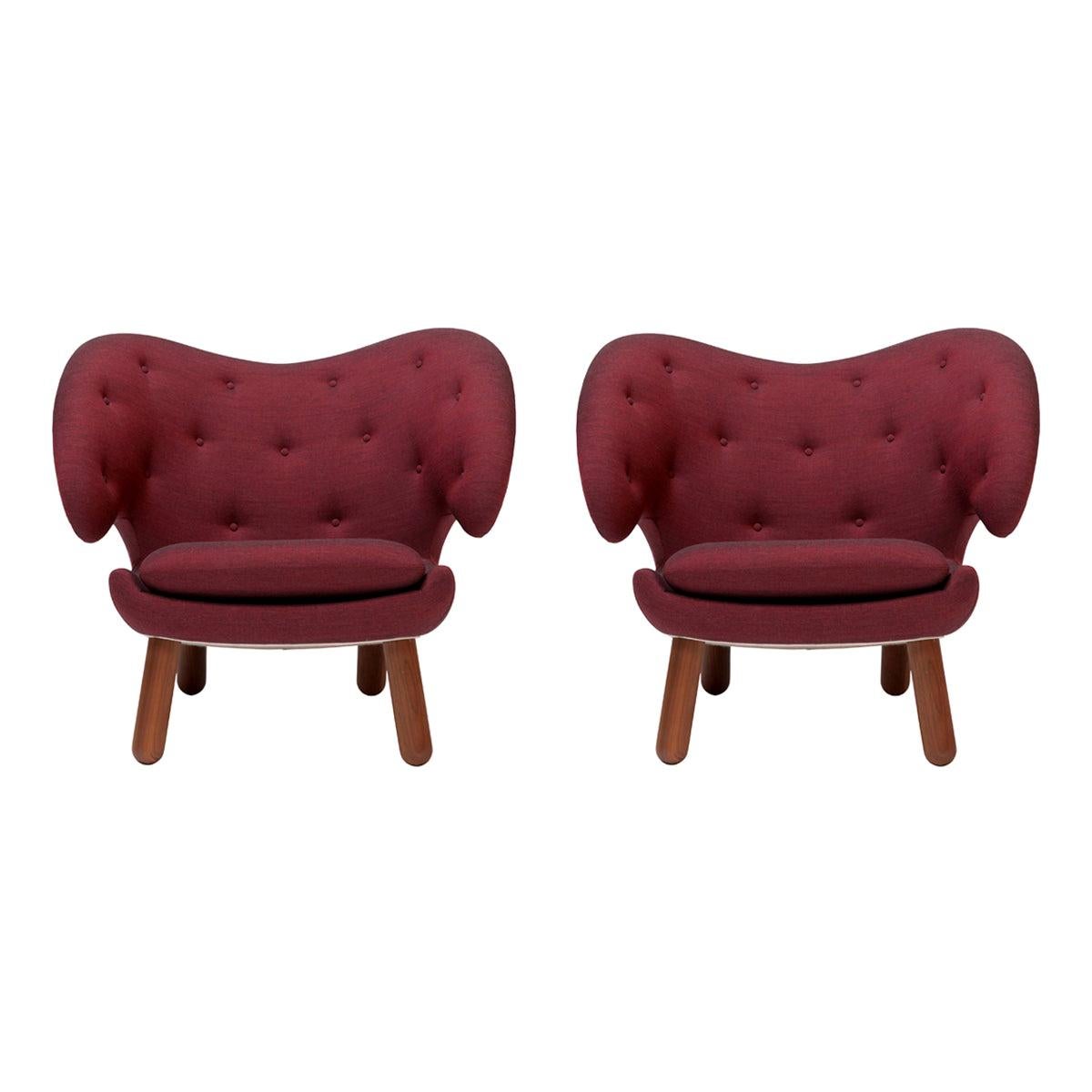 Set of Two Pelican Chairs in Garnet Kvadrat Remix and Wood by Finn Juhl