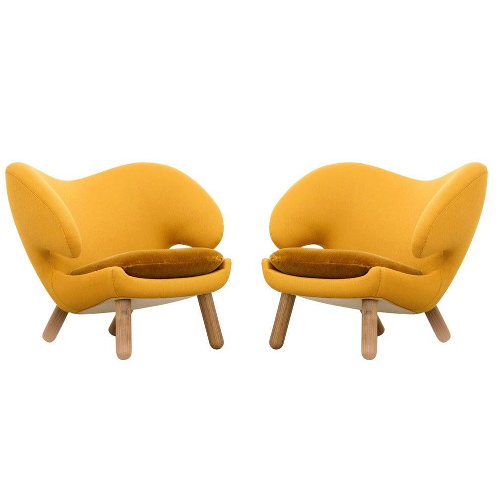 Set of Two Pelican Chairs Upholstered in Fabric and Wood by Finn Juhl
