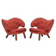 Set of Two Pelican Chairs Upholstered in Red Kvadrat Remix Fabric by Finn Juhl