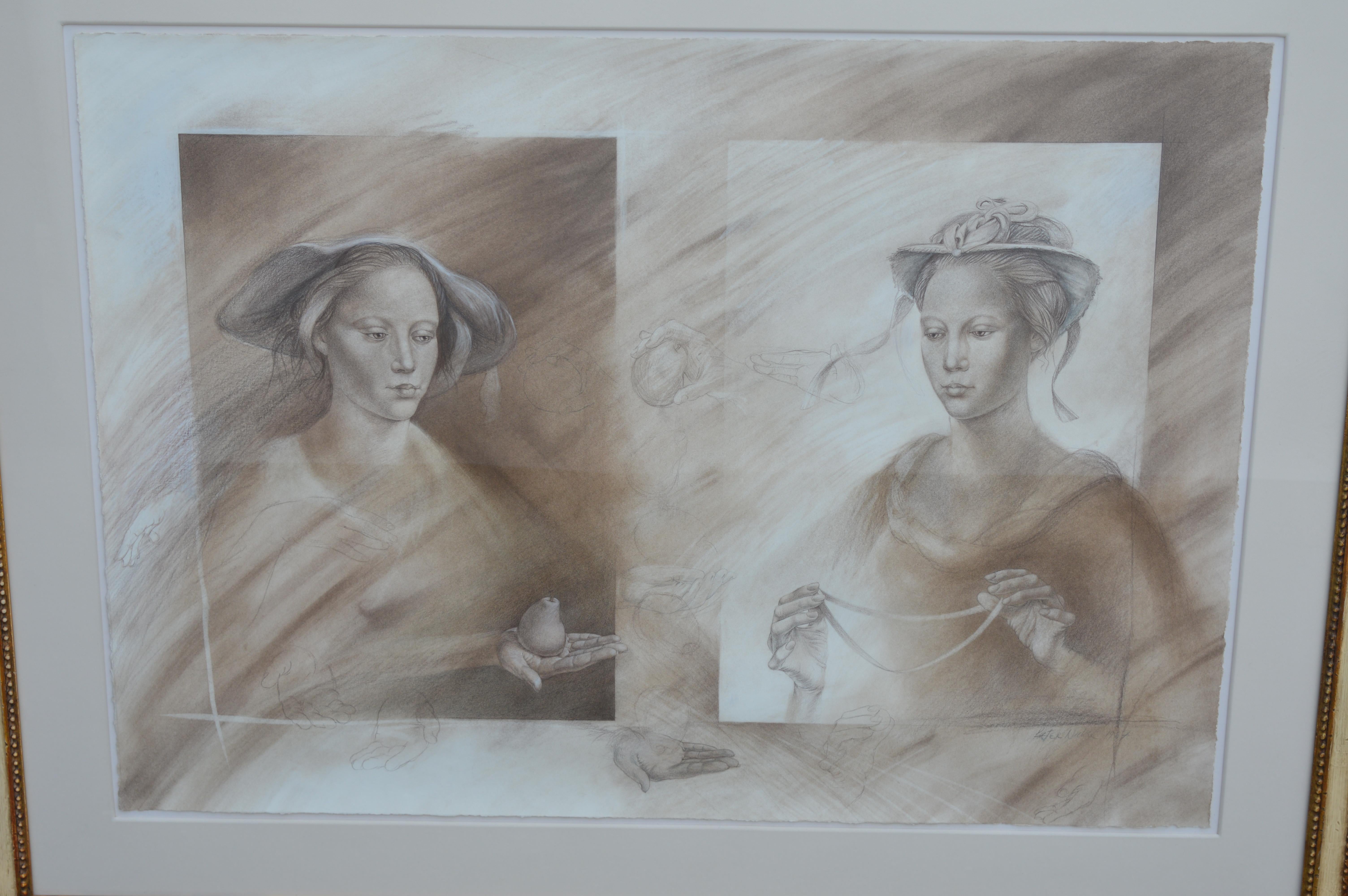 Two mixed-media portraits of women. Pencil and charcoal. The frames are 19th century but the art work is signed Peter Nickel 1987.