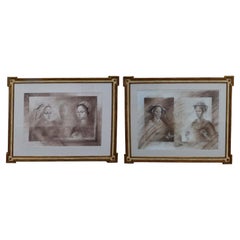 Vintage Set of Two Pencil and Charcoal Portraits