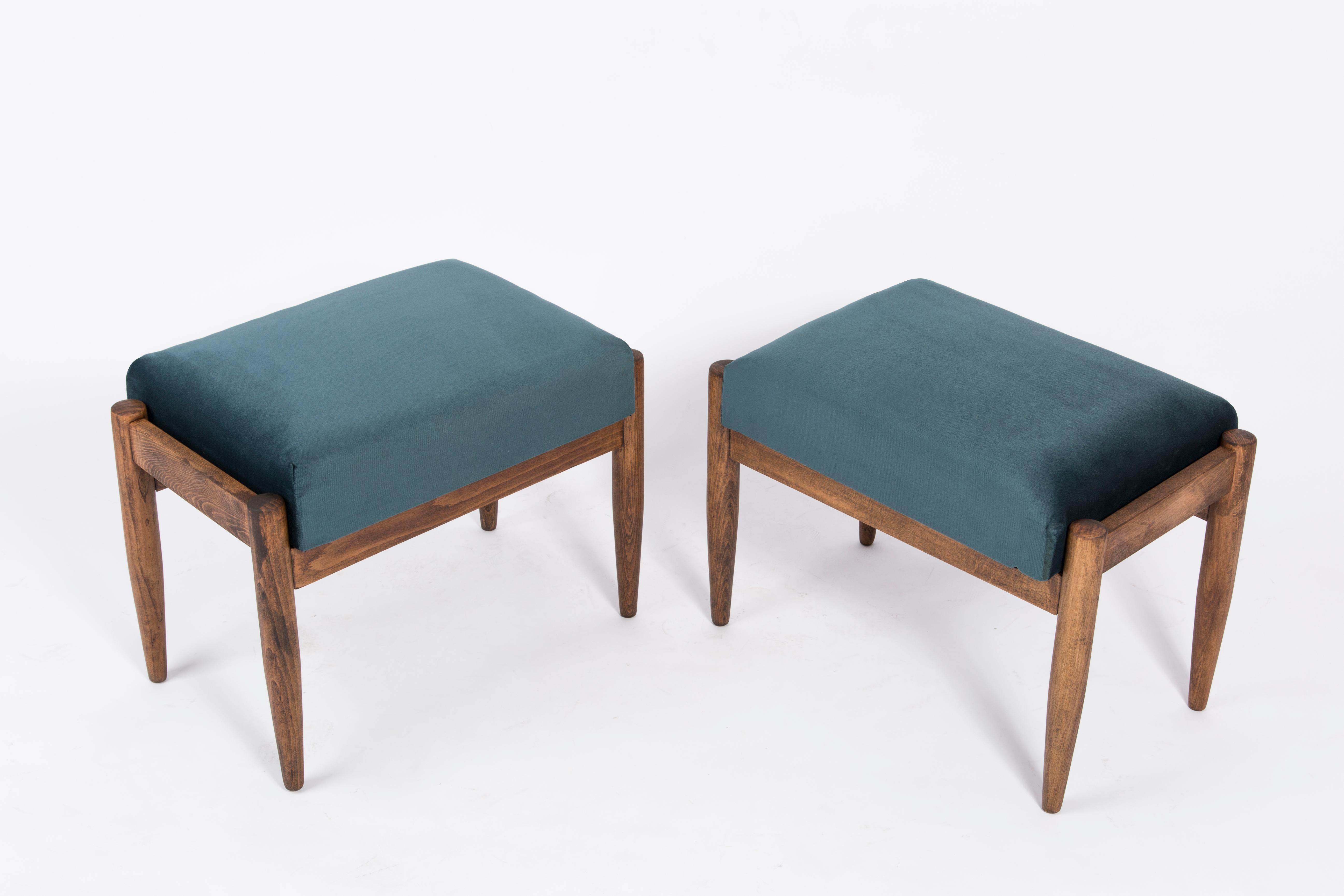 Stools from the turn of the 1960s. Beautiful petrol blue high quality velvet upholstery. The stools consists of an upholstered part, a seat and wooden legs narrowing downwards, characteristic of the 1960s style. We can prepare this stools also in