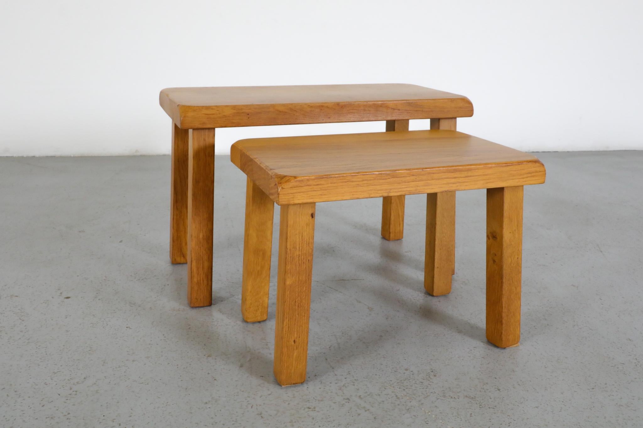 Set of Two Pierre Chapo Inspired Blonde Oak Brutalist Nesting Tables For Sale 6