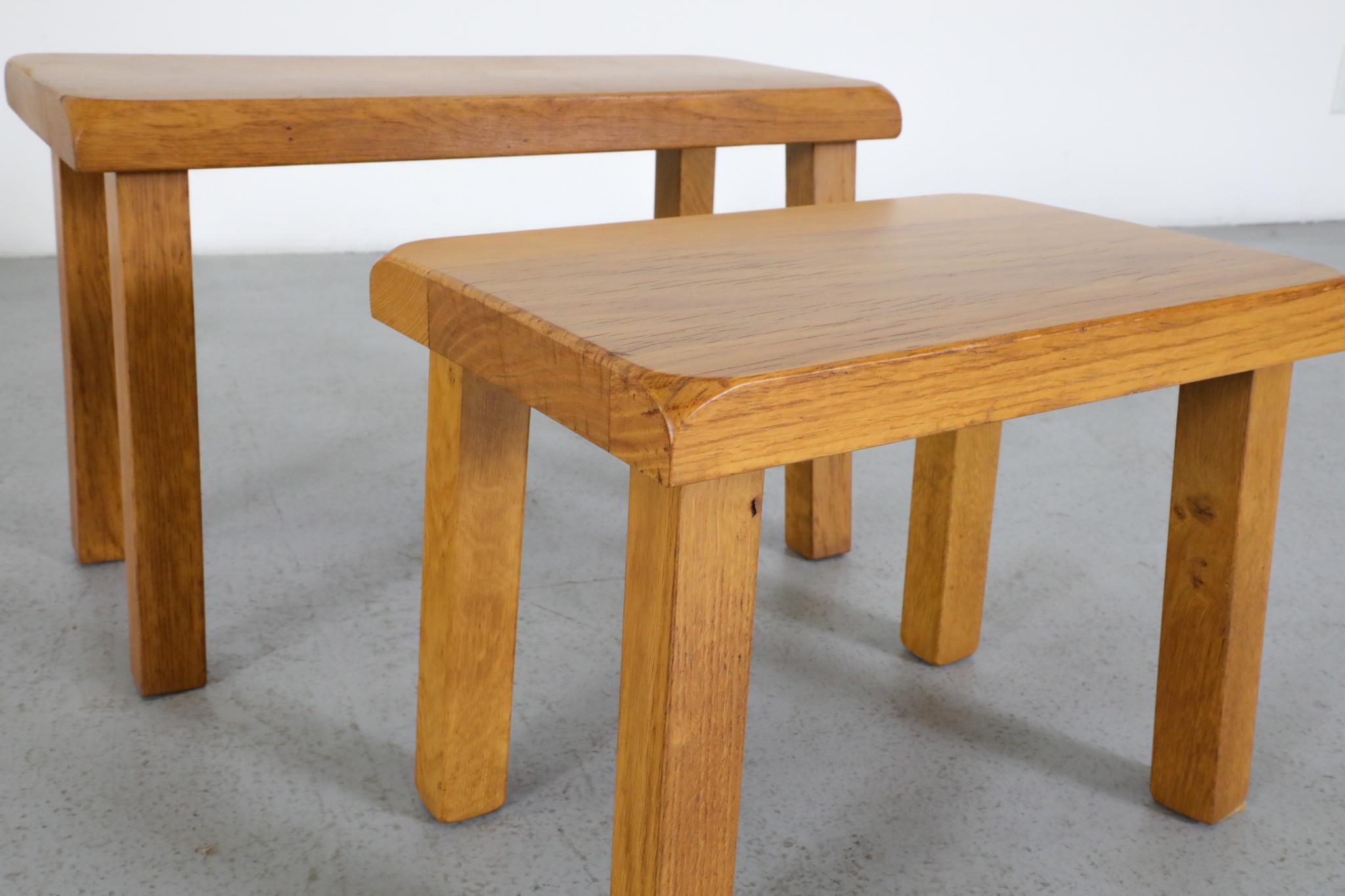 Set of Two Pierre Chapo Inspired Blonde Oak Brutalist Nesting Tables For Sale 9