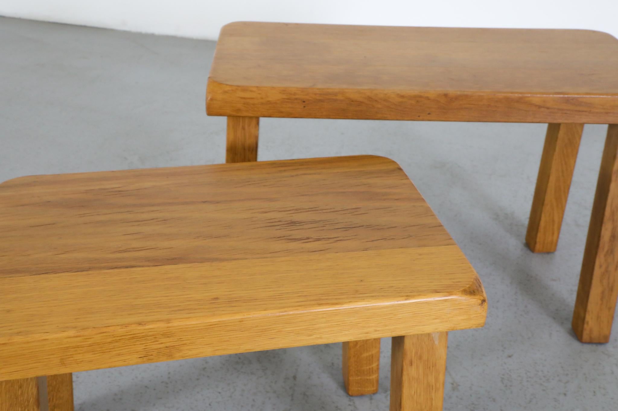 Set of Two Pierre Chapo Inspired Blonde Oak Brutalist Nesting Tables For Sale 13