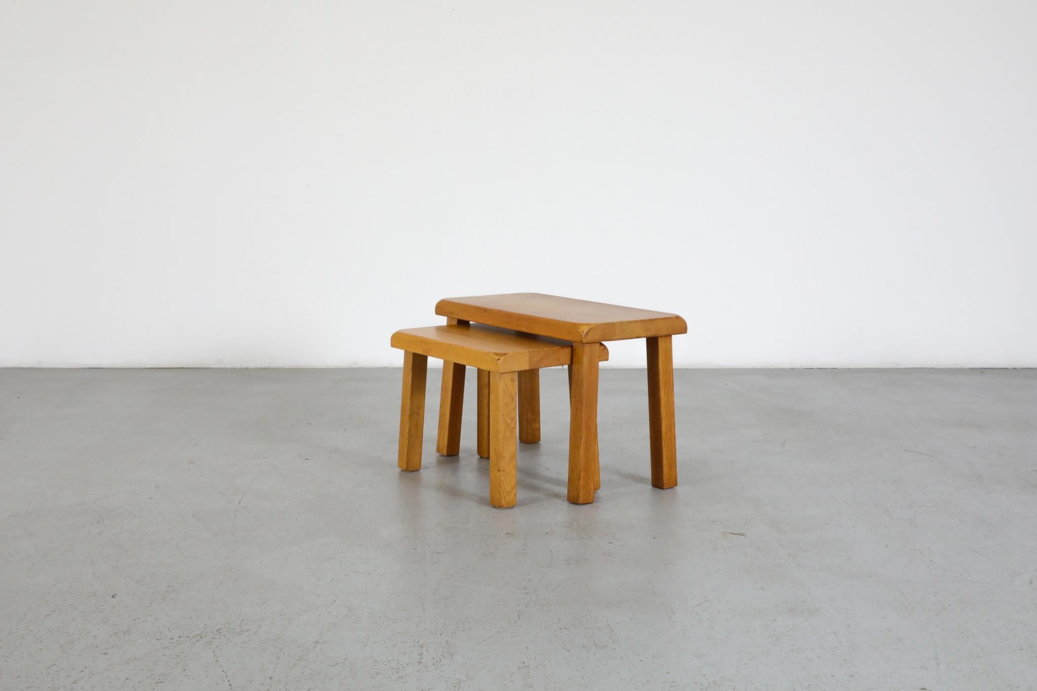 Dutch Set of Two Pierre Chapo Inspired Blonde Oak Brutalist Nesting Tables For Sale