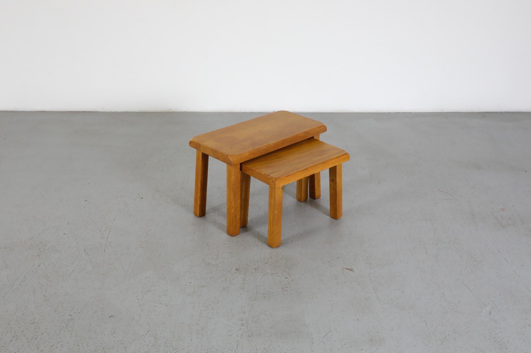 Set of Two Pierre Chapo Inspired Blonde Oak Brutalist Nesting Tables For Sale 4