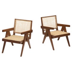 Set of Two Pierre Jeanneret Easy Armchairs, Teak and Cane, Chandigarh, 1950s