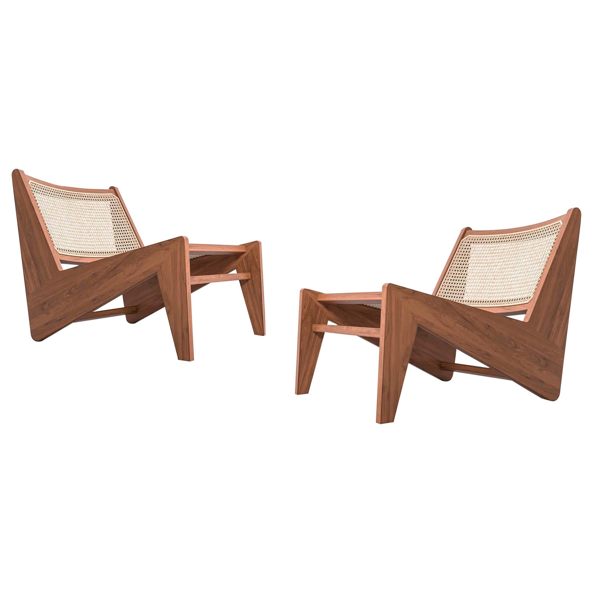 Set of Two Pierre Jeanneret Kangaroo Low Armchair, Wood and Woven Viennese Cane