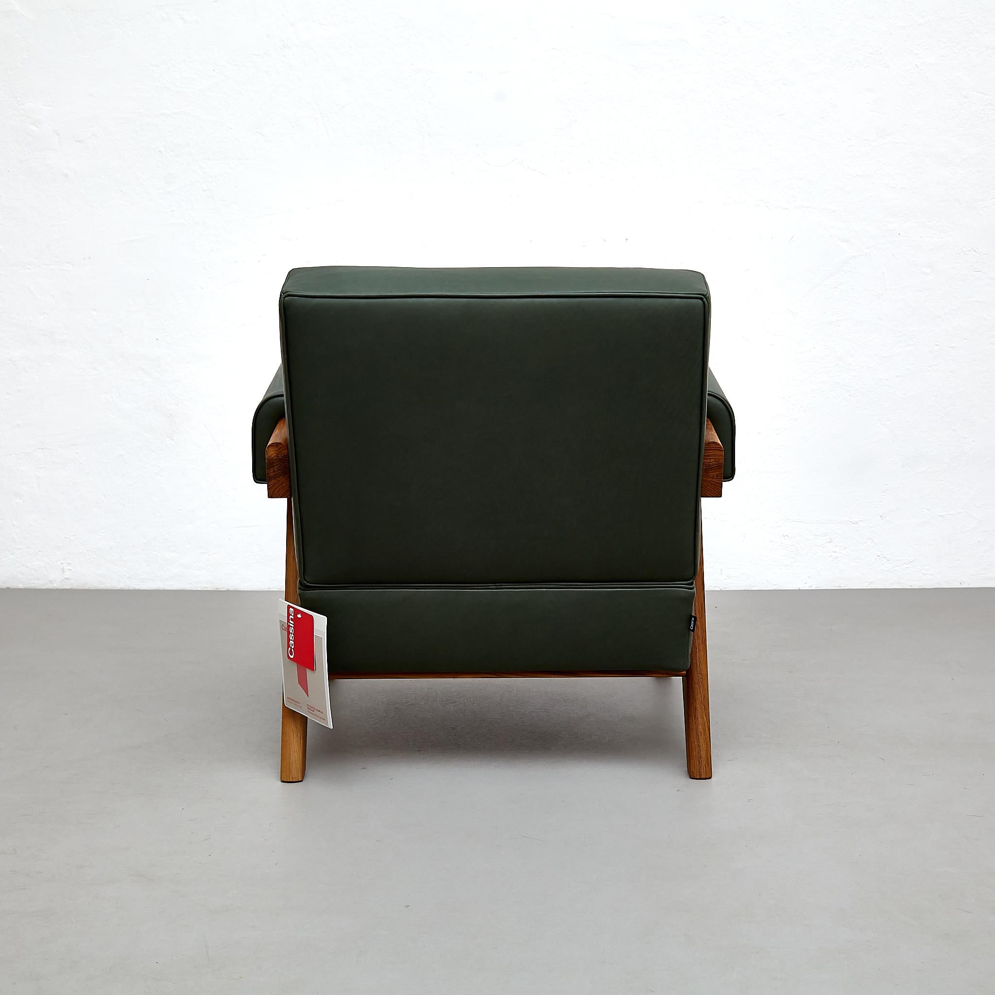 Set of Two Pierre Jeanneret Teak Wood Green Leather Armchair by Cassina For Sale 5