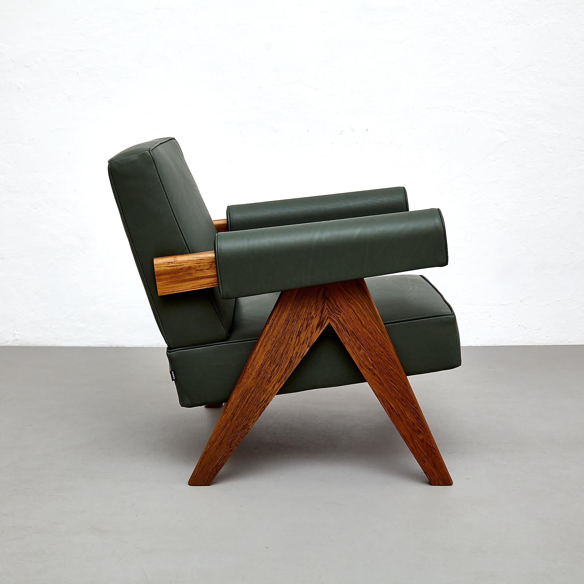 Set of Two Pierre Jeanneret Teak Wood Green Leather Armchair by Cassina For Sale 7