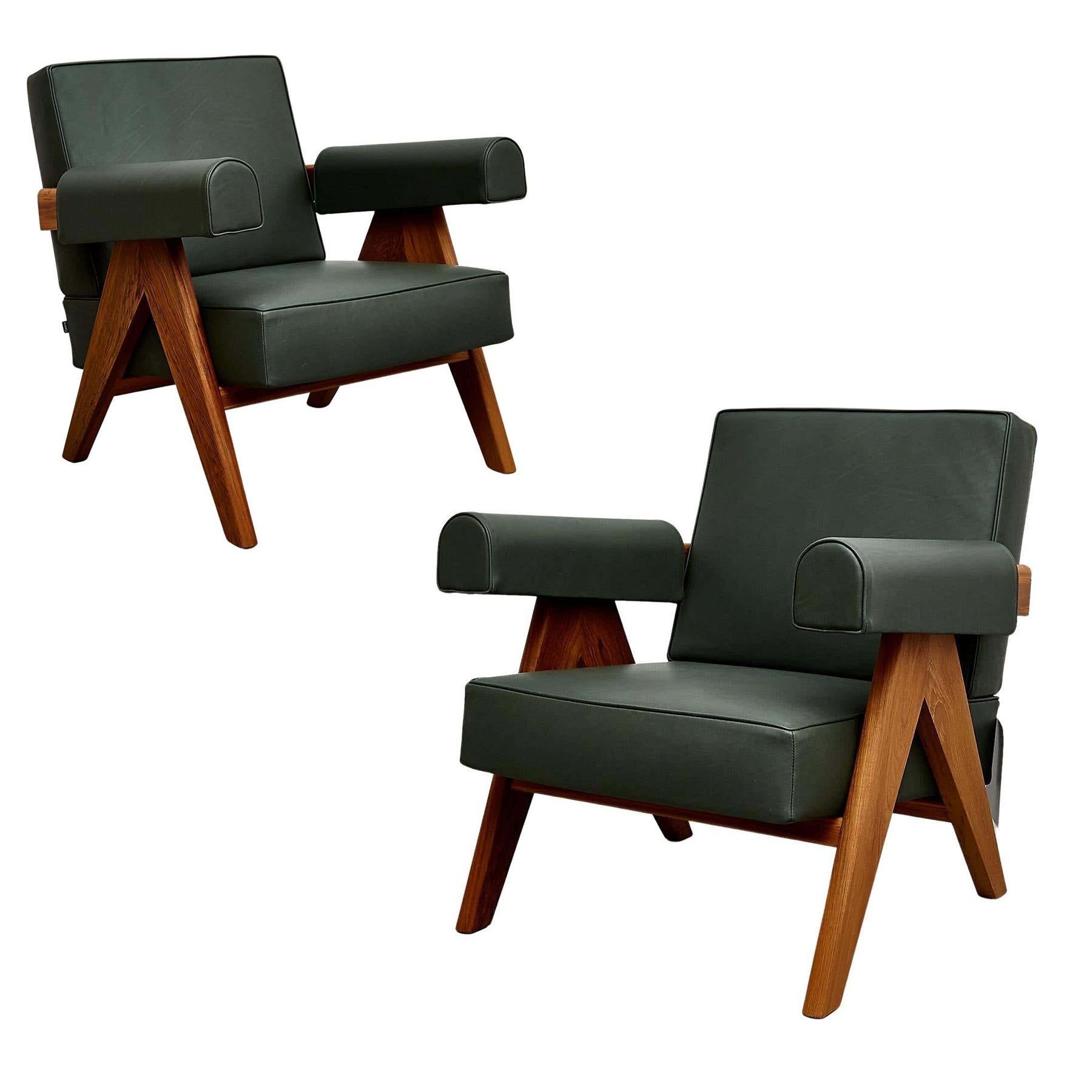 Mid-Century Modern Set of Two Pierre Jeanneret Teak Wood Green Leather Armchair by Cassina For Sale