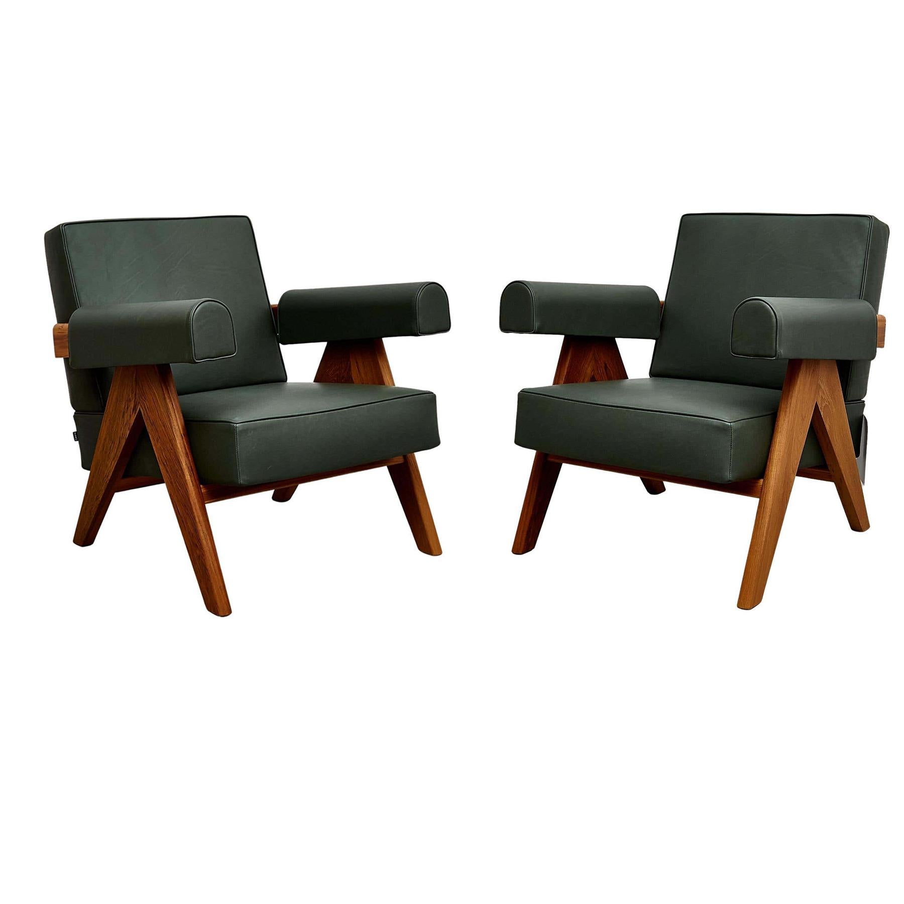 Set of Two Pierre Jeanneret Teak Wood Green Leather Armchair by Cassina For Sale