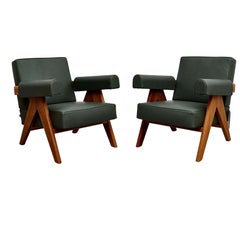 Set of Two Pierre Jeanneret Teak Wood Green Leather Armchair by Cassina