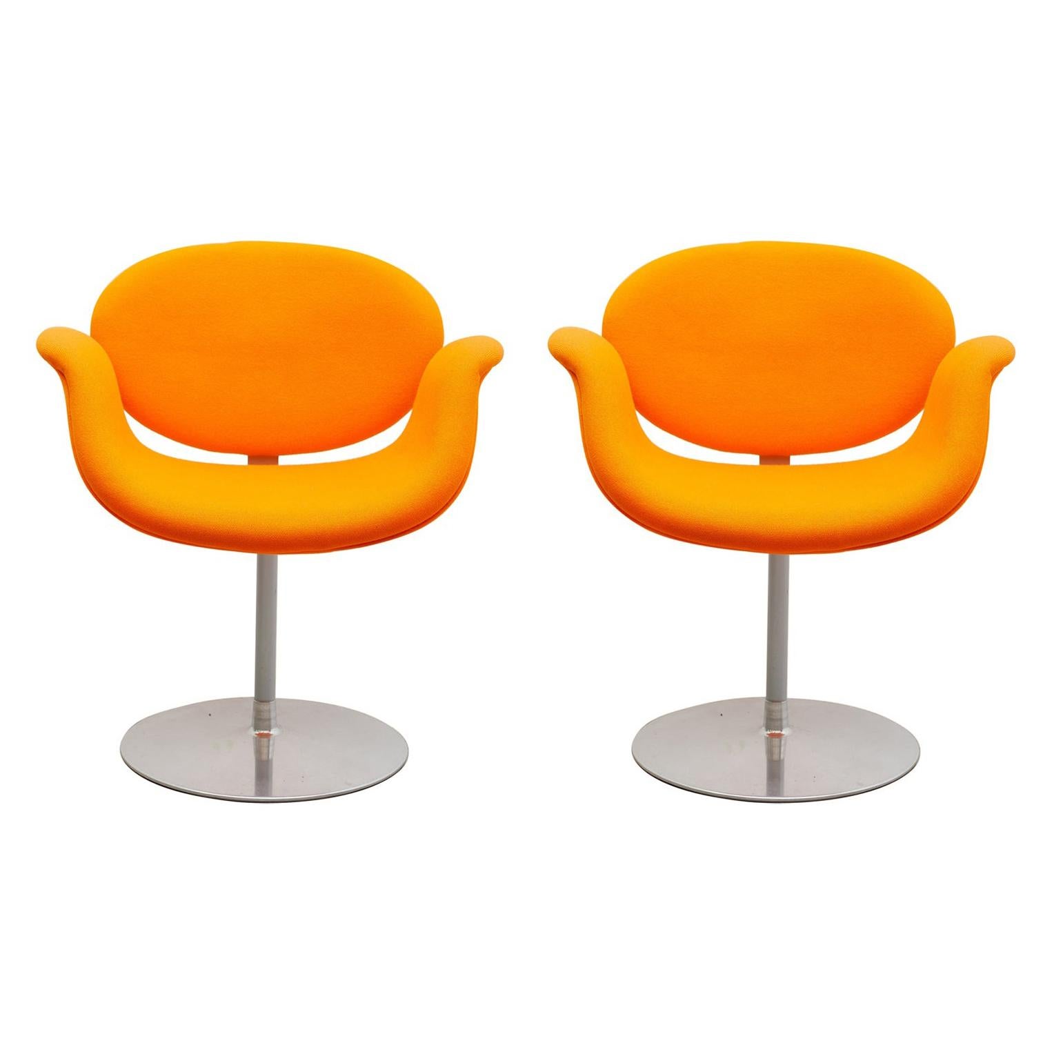 Set of Two Pierre Paulin Orange "Tulip" Swivel Chairs for Artifort, 1980s