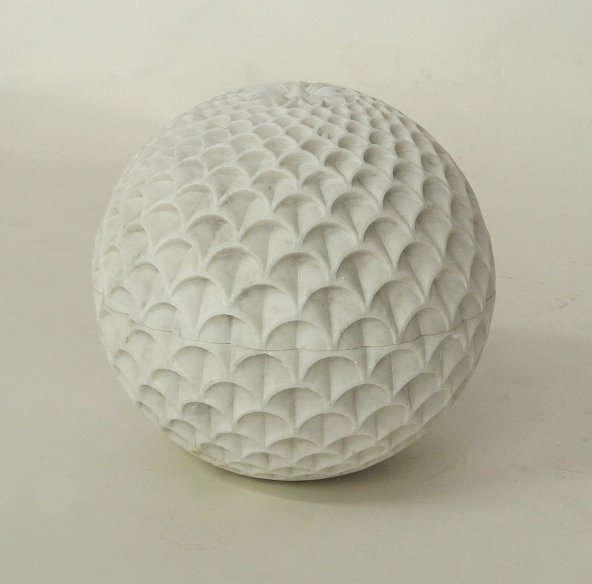 Contemporary Set of Two Pinecone Globes in White Marble Handcrafted in India by Paul Mathieu For Sale