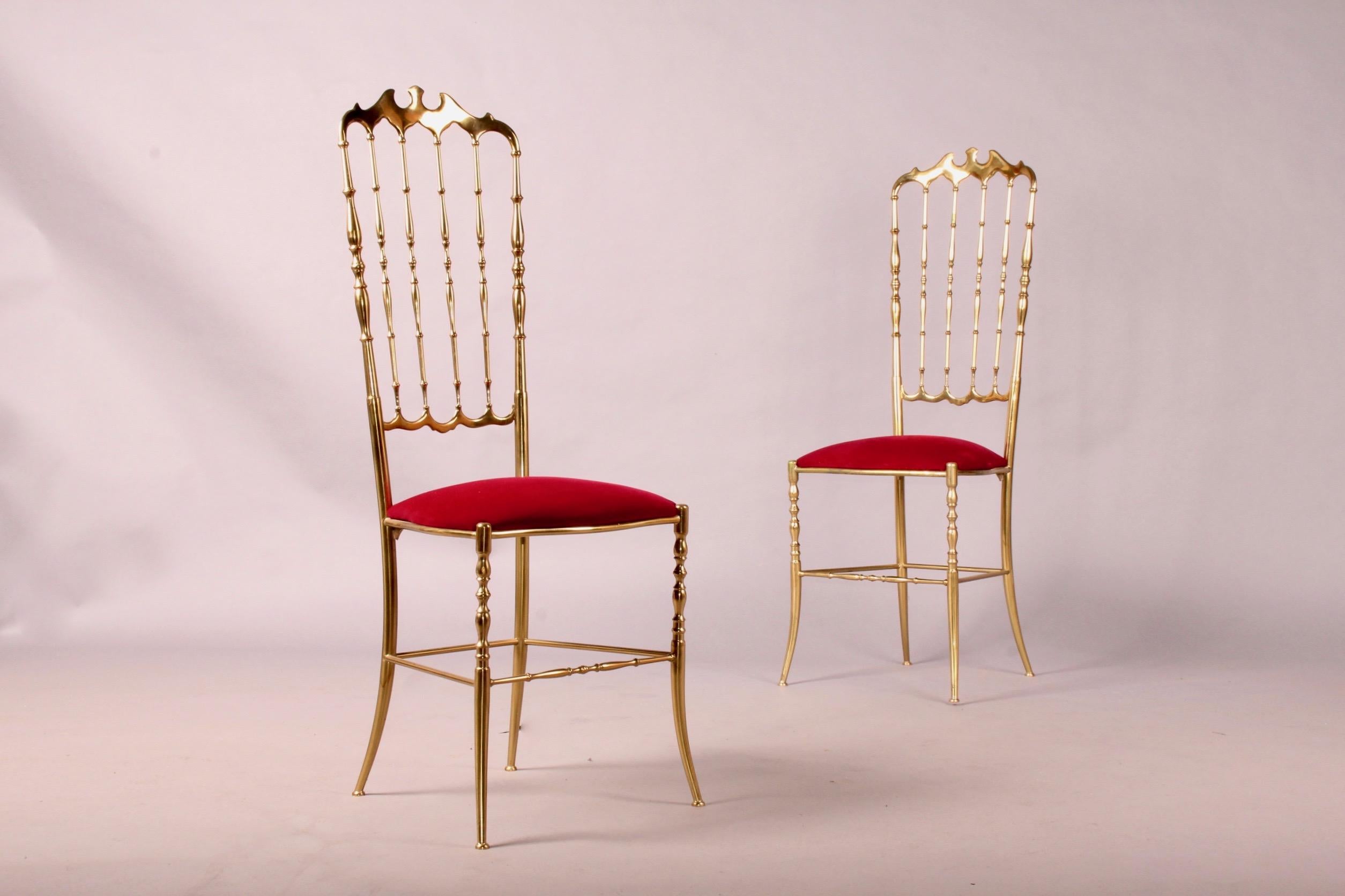 Set of Two Polished Brass Chiavari Chairs with Red Velvet, Italy 1