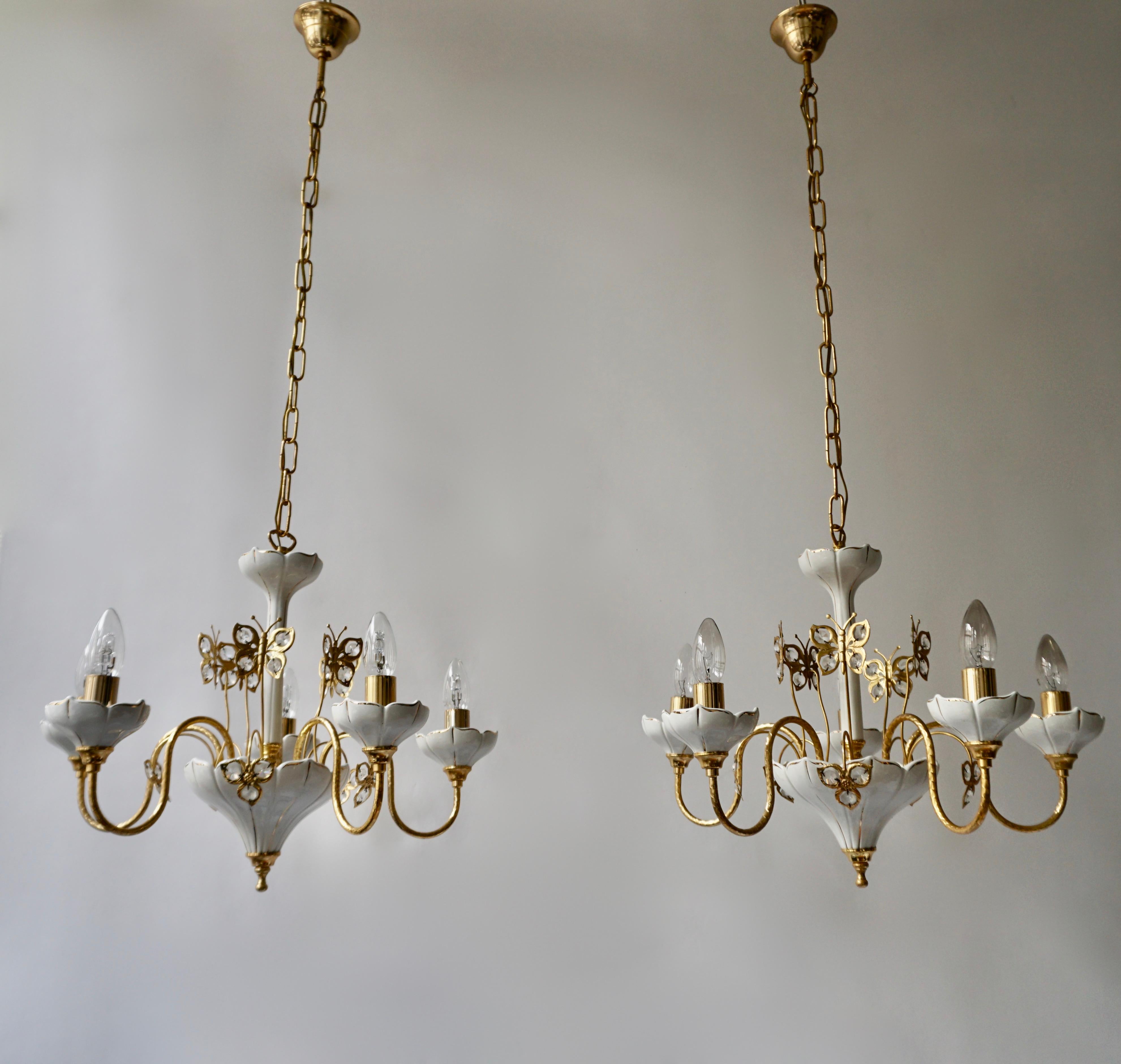 Two Porcelain and Brass Butterfly Chandeliers For Sale 4