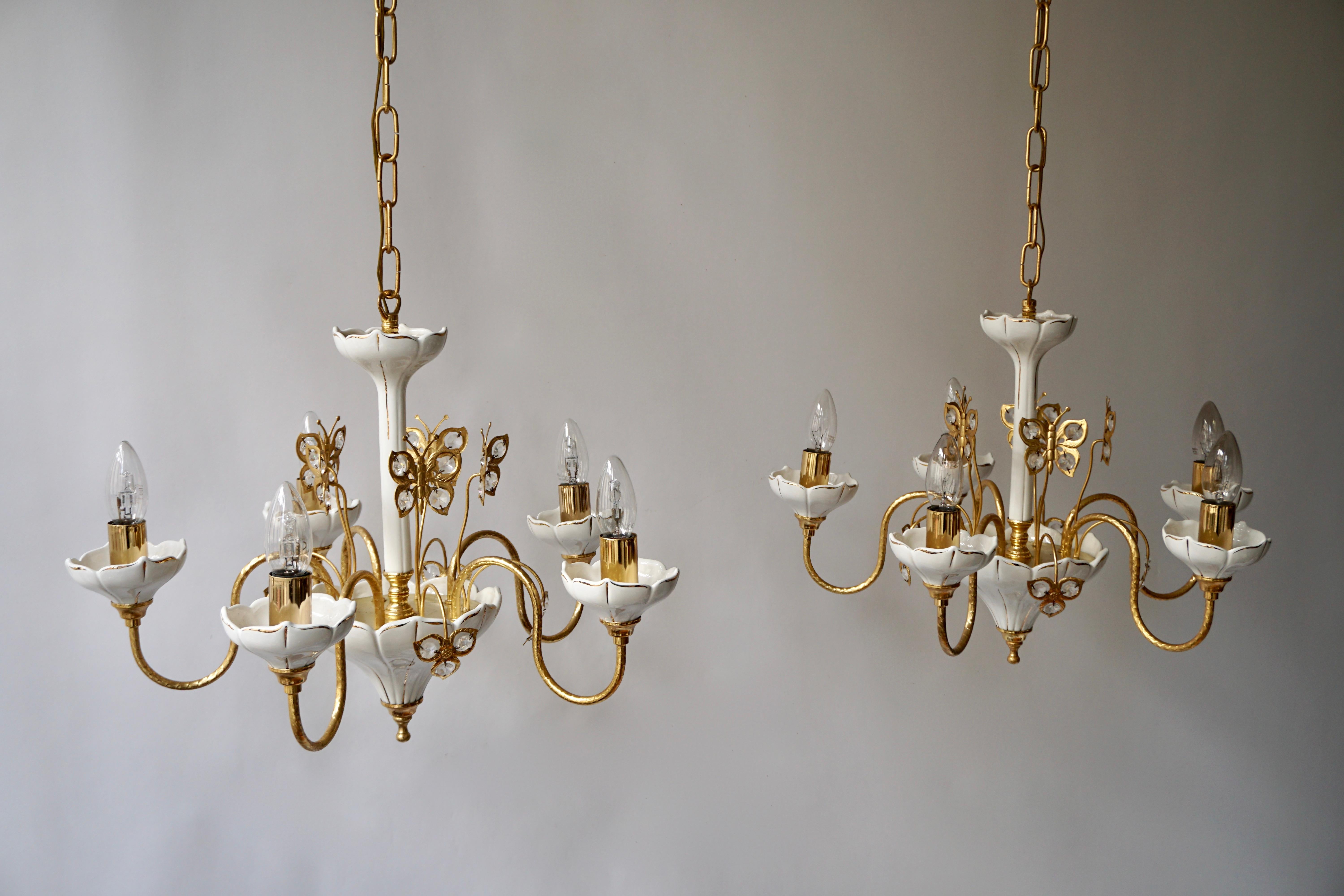 Two Porcelain and Brass Butterfly Chandeliers For Sale 5