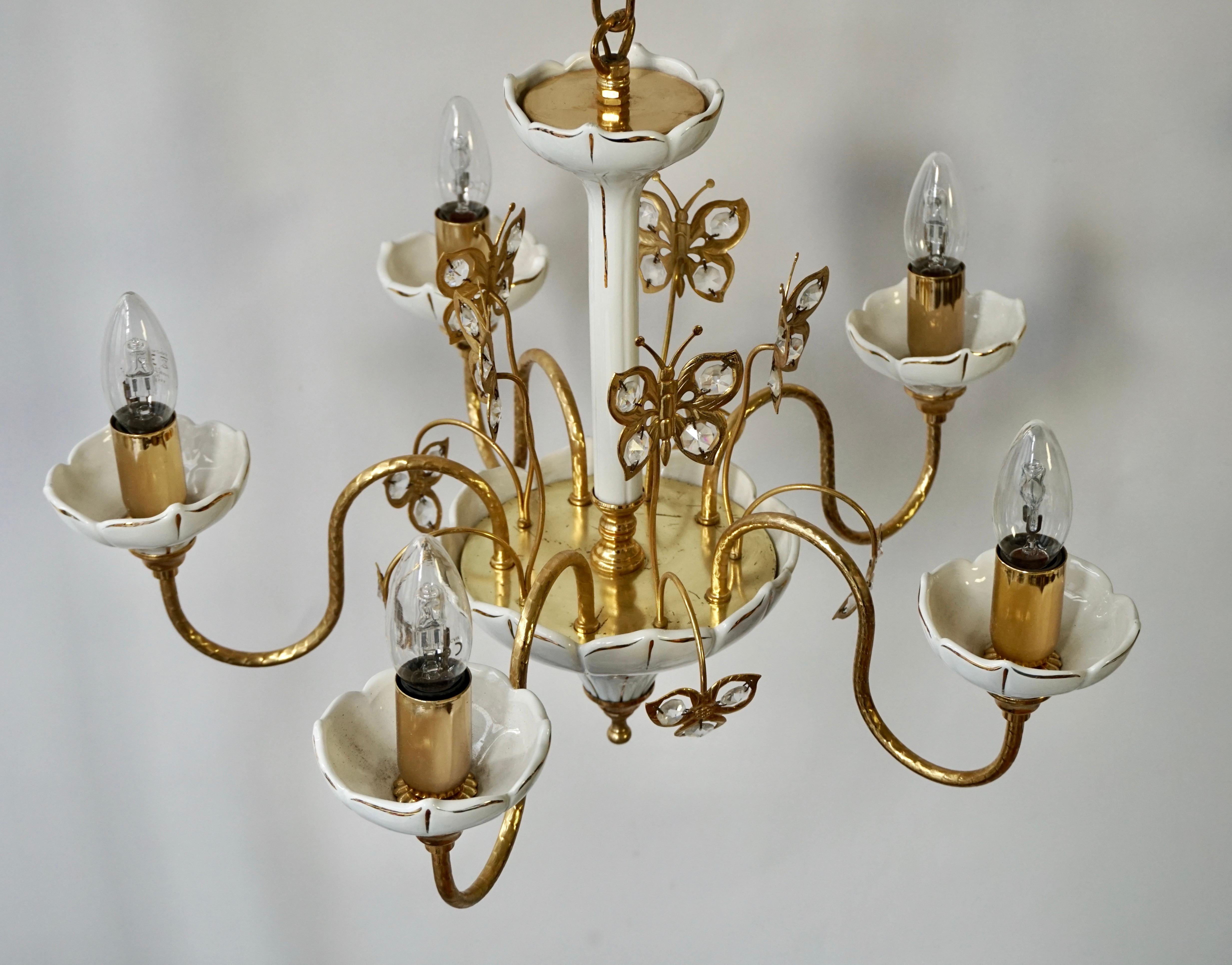 Two Porcelain and Brass Butterfly Chandeliers For Sale 6